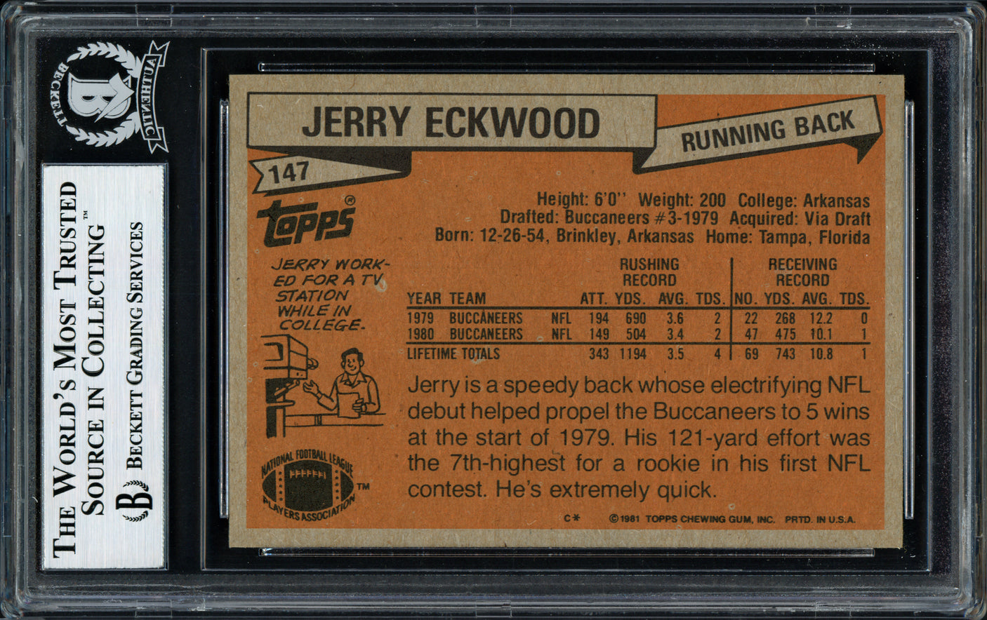 Jerry Eckwood Autographed 1981 Topps Card #147 Tampa Bay Buccaneers Beckett BAS #12058720