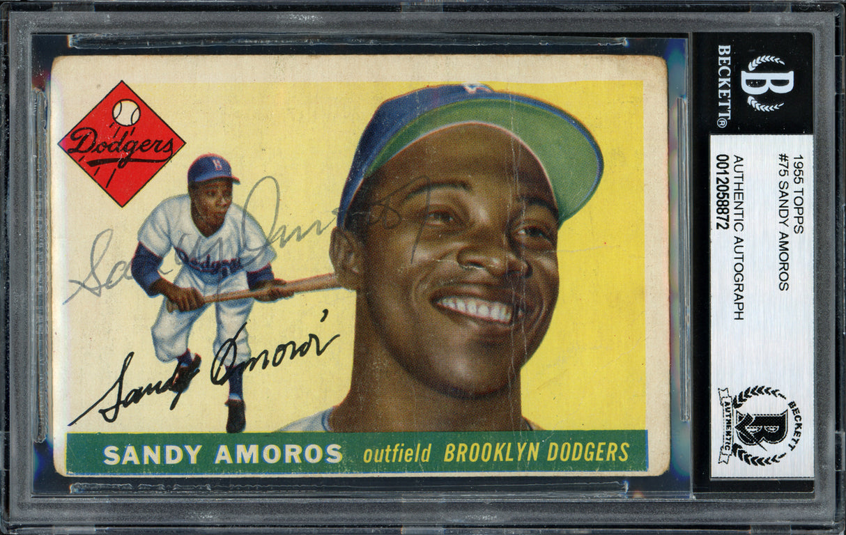 Sandy Amoros Autographed 1955 Topps Rookie Card #75 Brooklyn Dodgers Beckett BAS #12058872