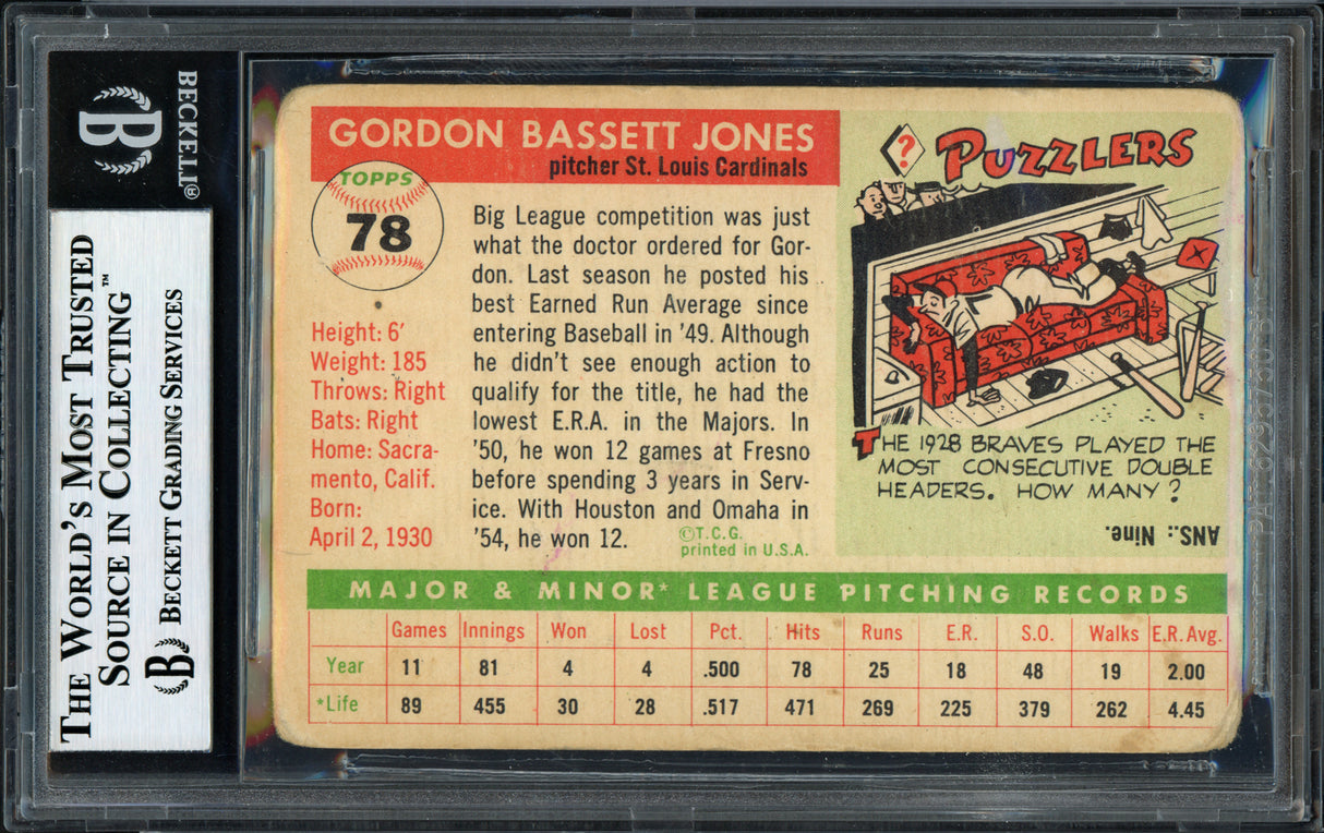 Gordon Jones Autographed 1955 Topps Rookie Card #78 St. Louis Cardinals Beckett BAS #12058876