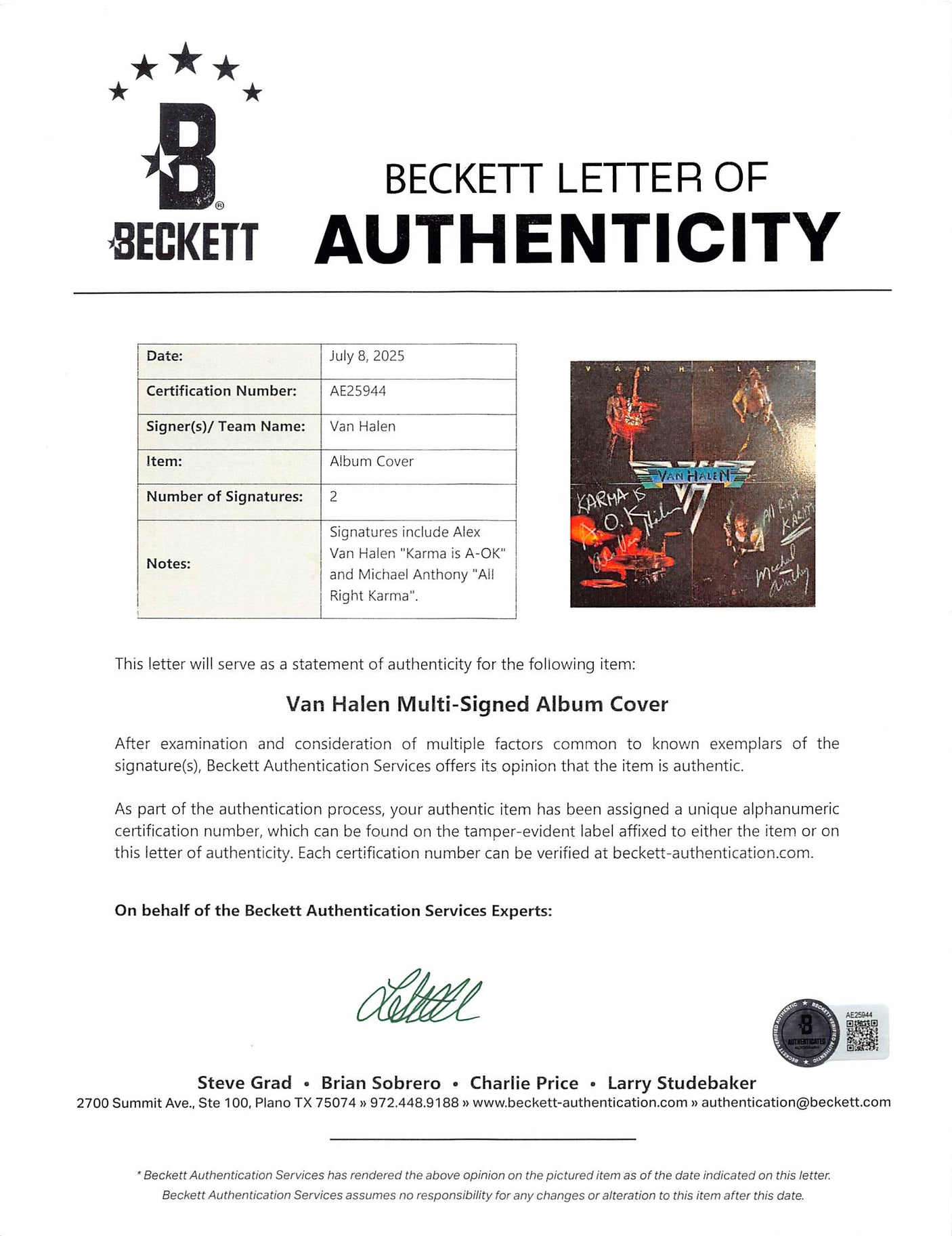 Alex Van Halen & Michael Anthony Signed Self Titled Album Cover BAS Slabbed