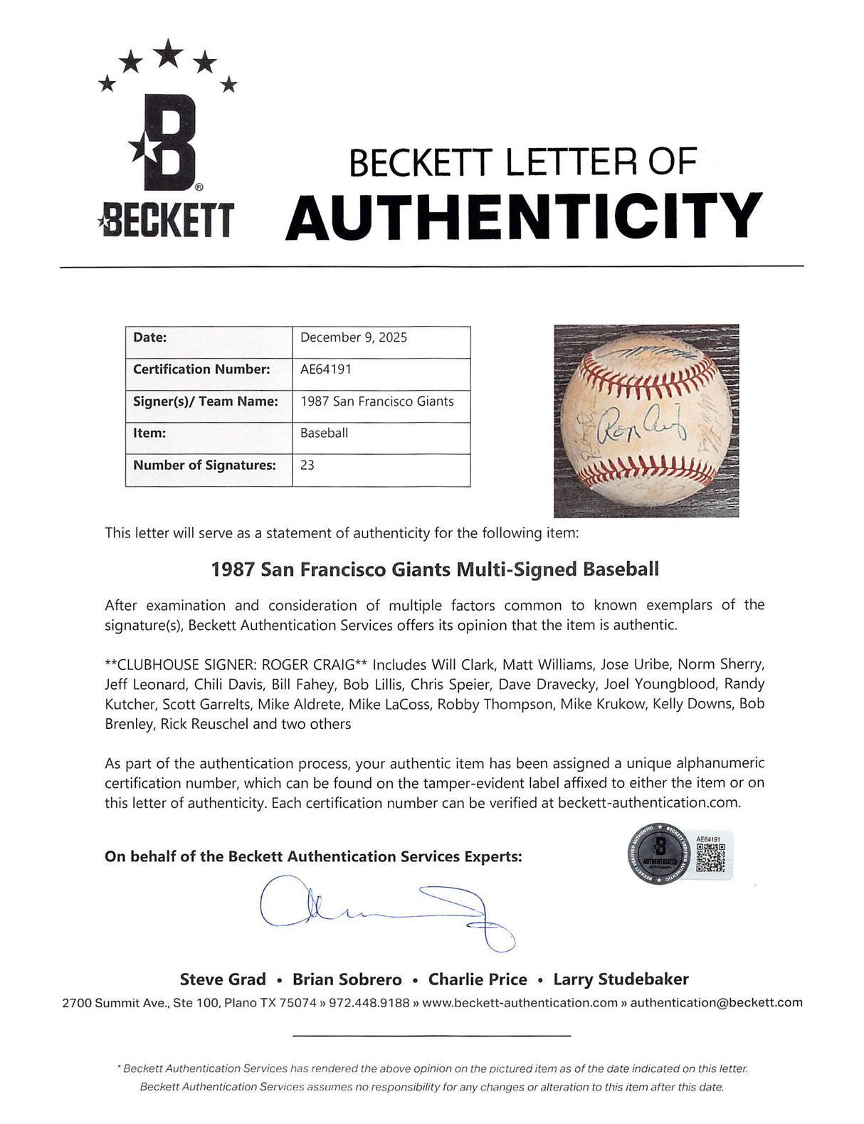 1987 Giants (23) Clark, Williams, Uribe +20 Signed ONL Baseball BAS #AE64191