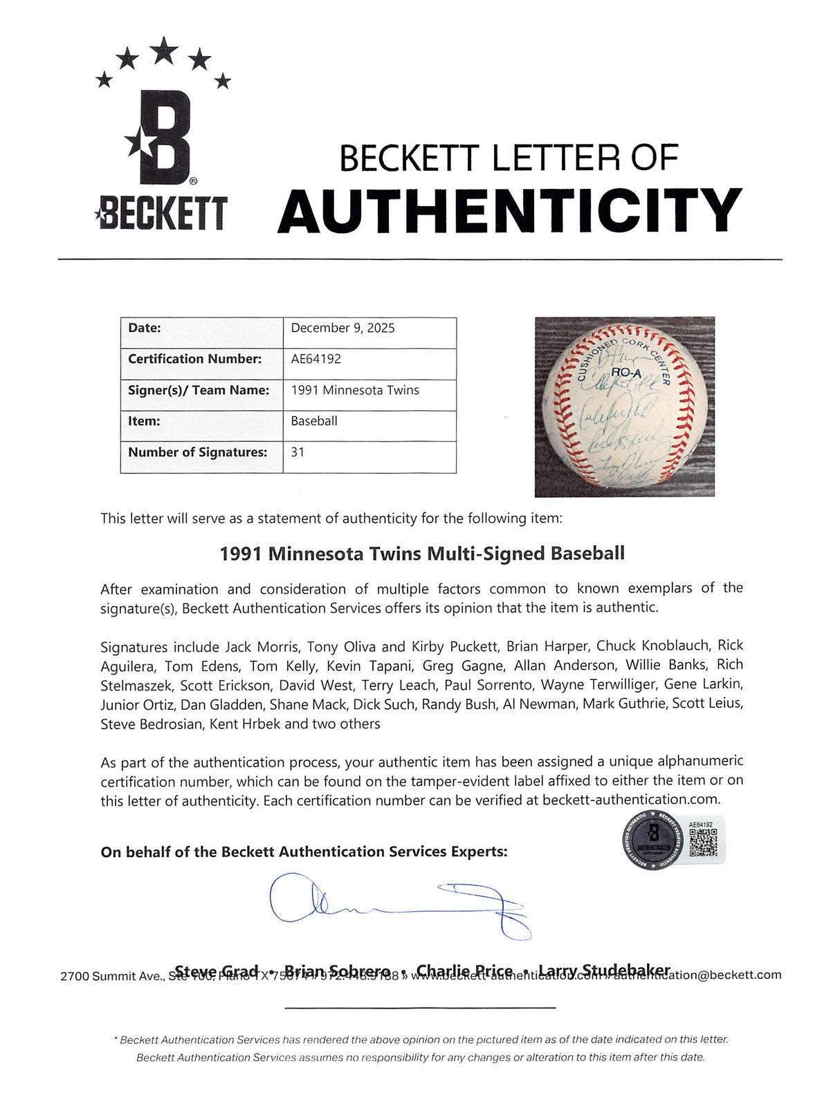 1991 Twins (31) Morris, Olica, Puckett +28 Signed OAL Baseball BAS #AE64192