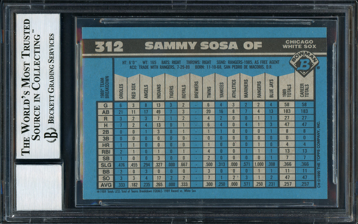 Sammy Sosa Autographed 1990 Bowman Rookie Card #312 Chicago White Sox Auto Grade 10 Beckett BAS Stock #177675