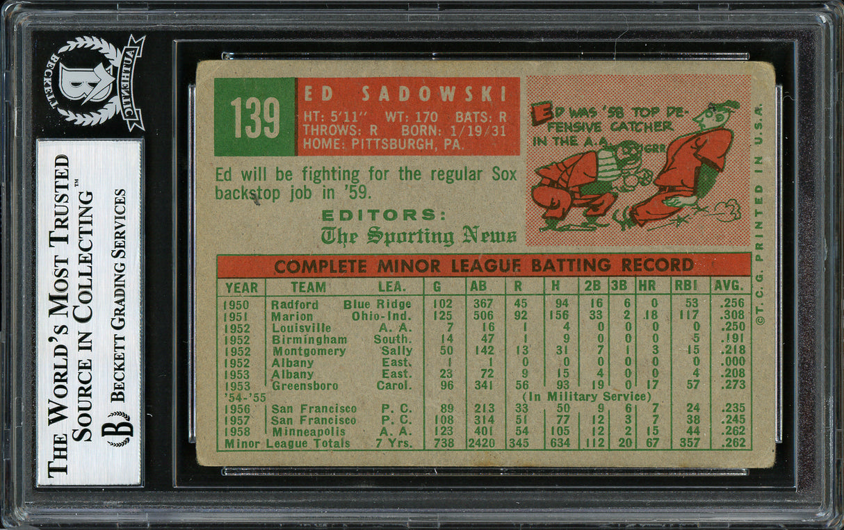 Ed Sadowski Autographed 1959 Topps Rookie Card #139 Boston Red Sox "Best Wishes" Beckett BAS #12305950