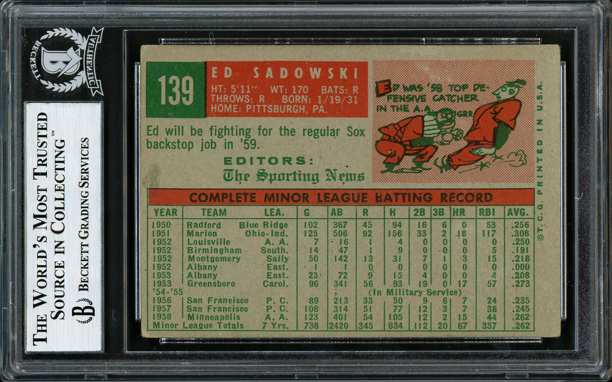 Ed Sadowski Autographed 1959 Topps Rookie Card #139 Boston Red Sox Beckett BAS #12305952