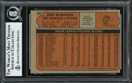 Don McMahon Autographed 1972 Topps Card #509 San Francisco Giants Beckett BAS #12306456