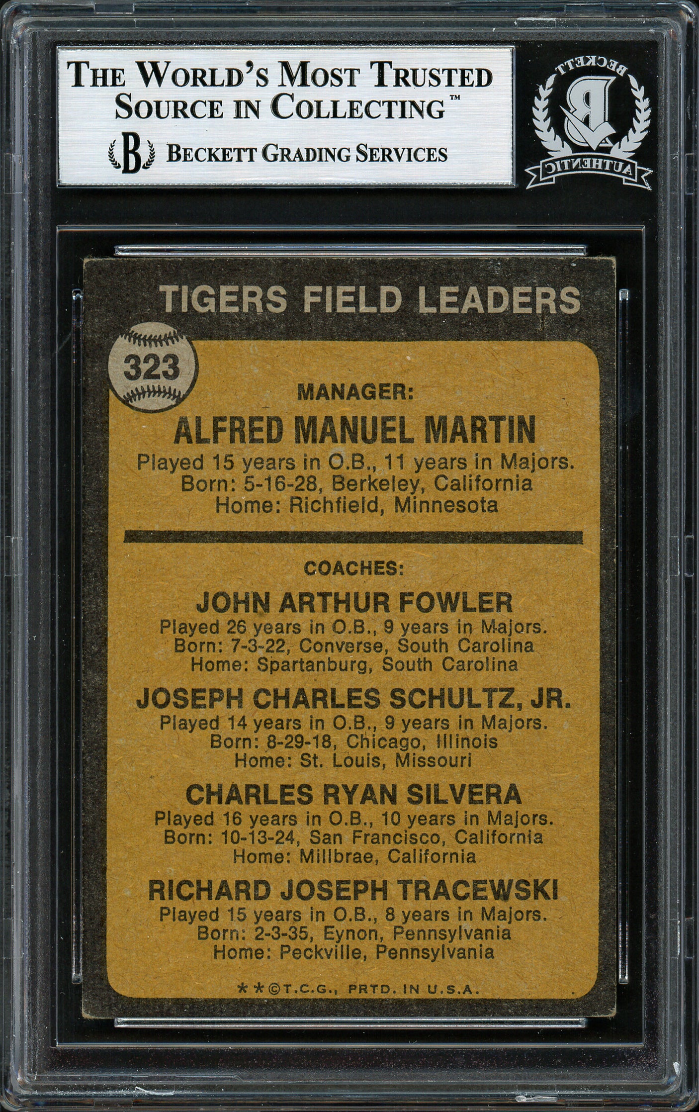 Joe Schultz Autographed 1973 Topps Card #323 Detroit Tigers Beckett BAS #12306464