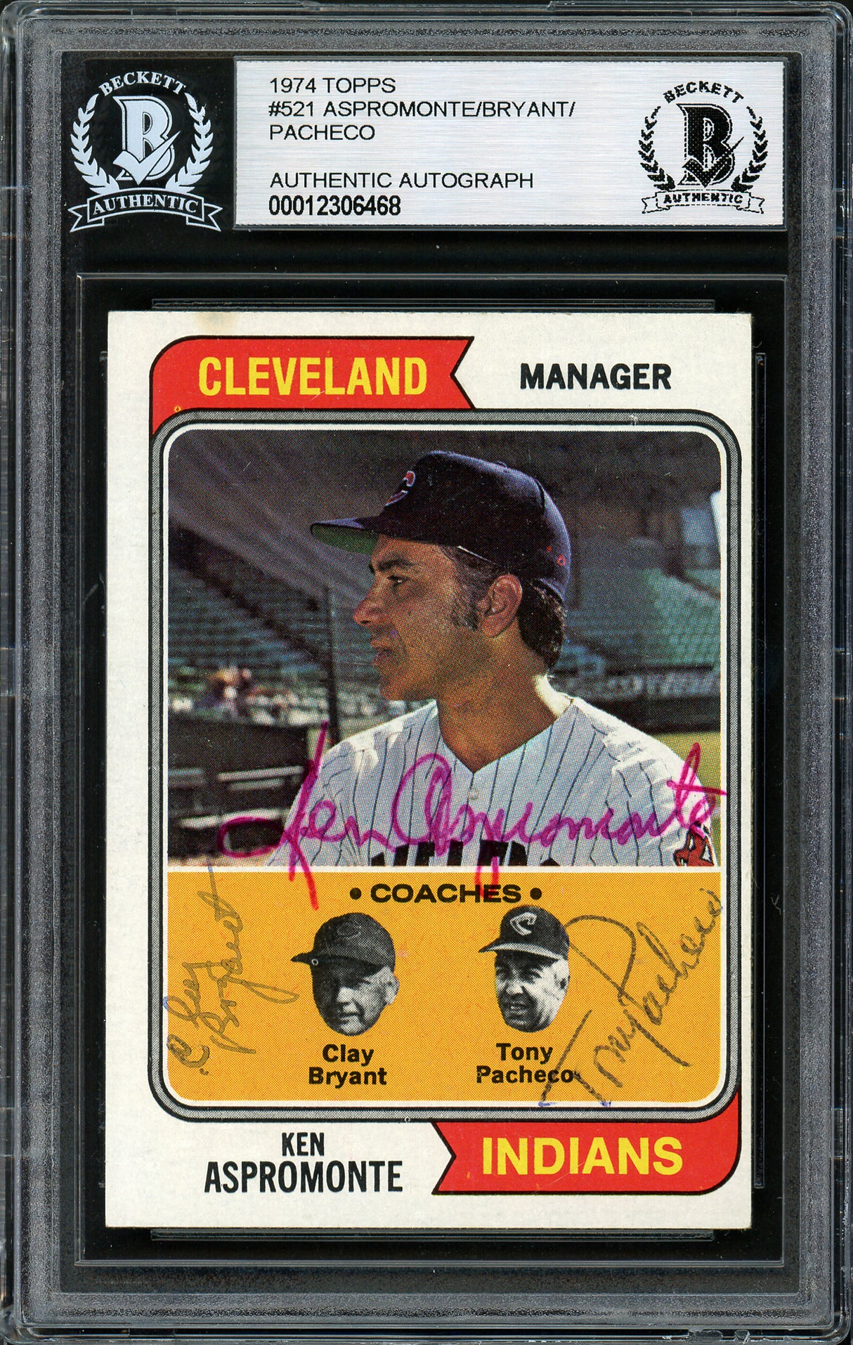 Ken Aspromonte, Clay Bryant & Tony Pacheco Autographed 1974 Topps Card #521 Cleveland Indians Beckett BAS #12306468