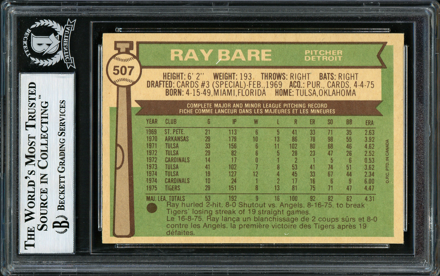 Ray Bare Autographed 1976 O-Pee-Chee Card #507 Detroit Tigers Beckett BAS #12306514