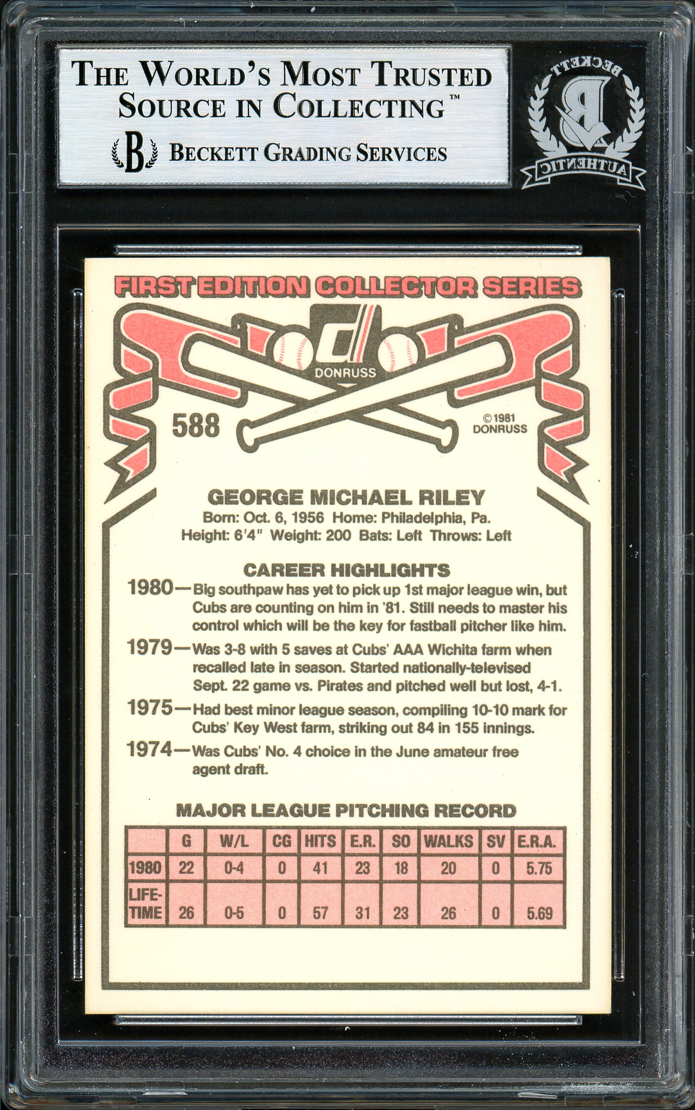 George Riley Autographed 1981 Donruss Rookie Card #588 Chicago Cubs Beckett BAS #12306792