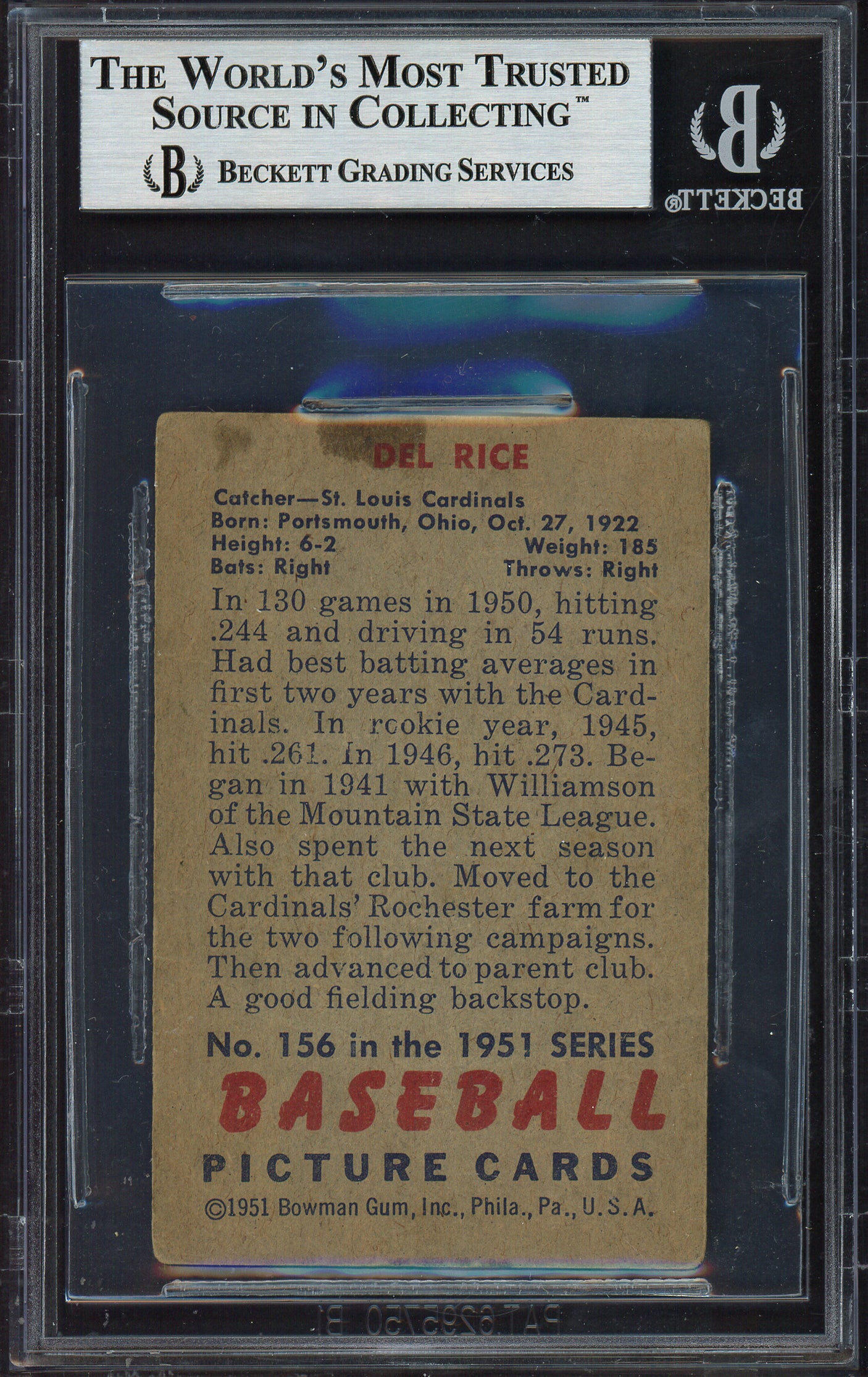 Del Rice Autographed 1951 Bowman Card #156 St. Louis Cardinals Beckett BAS #12486453