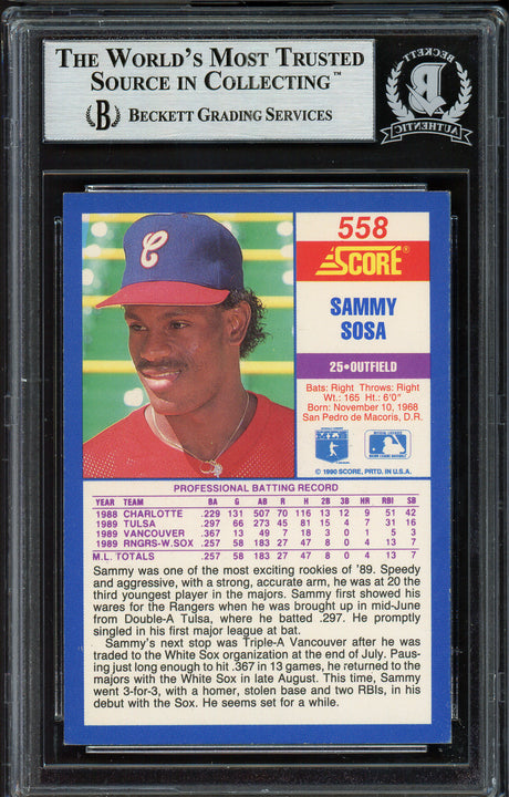 Sammy Sosa Autographed 1990 Score Rookie Card #558 Chicago Cubs Vintage Rookie Era Beckett BAS #12486634