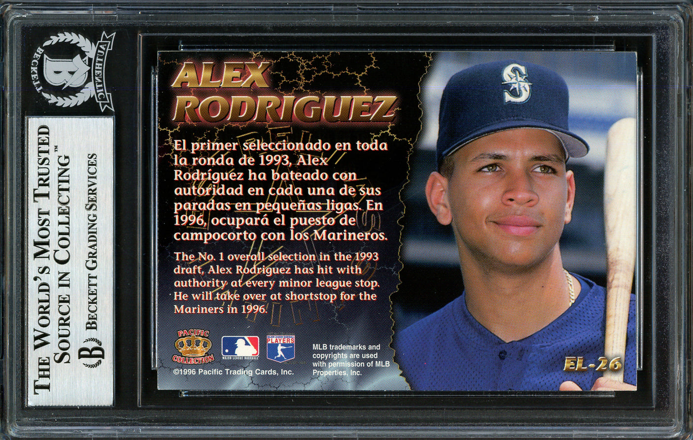 Alex Rodriguez Autographed 1996 Pacific Crown Estrellas Latinas Card #EL-26 Seattle Mariners Beckett BAS #12410191