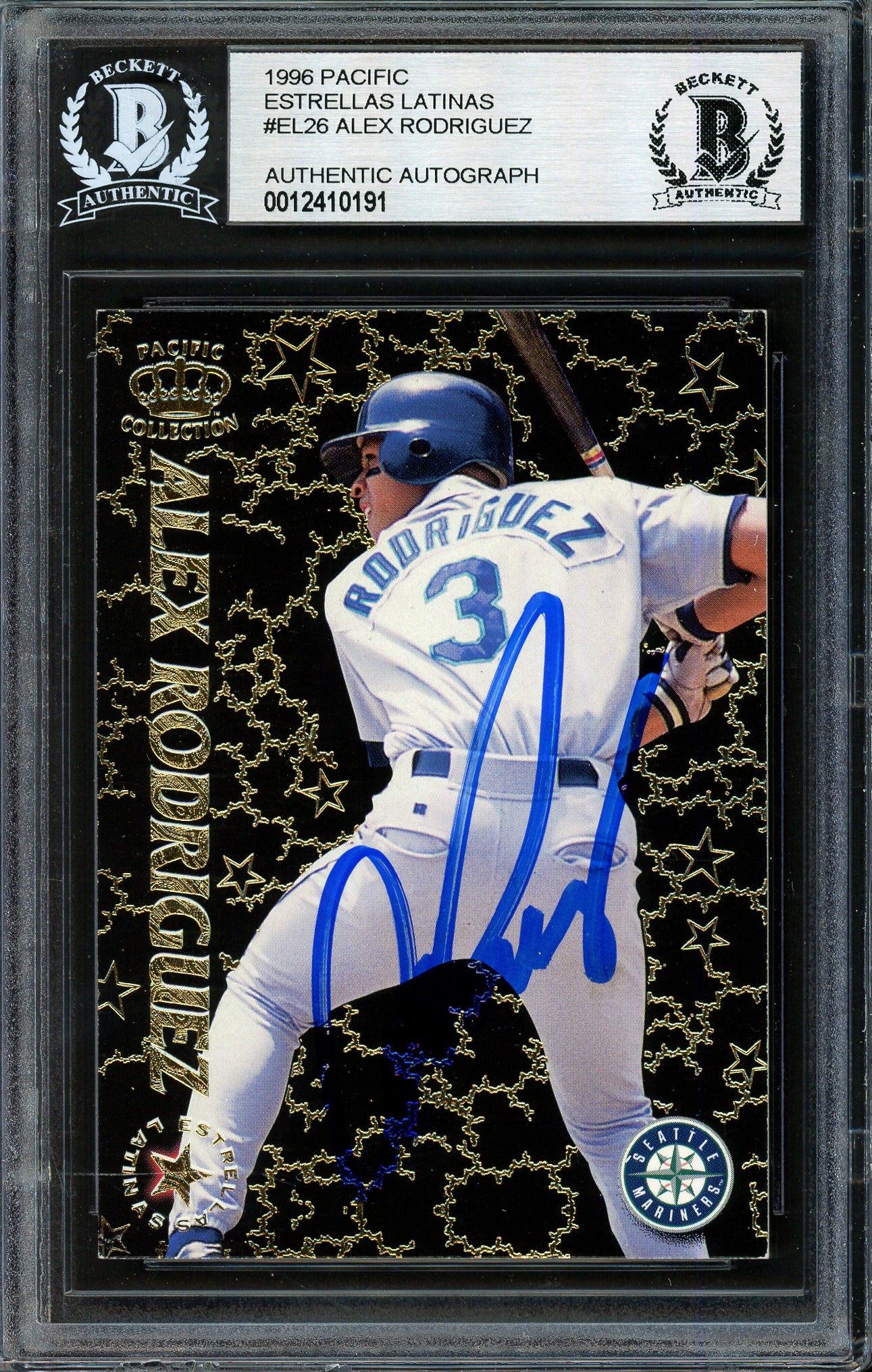 Alex Rodriguez Autographed 1996 Pacific Crown Estrellas Latinas Card #EL-26 Seattle Mariners Beckett BAS #12410191