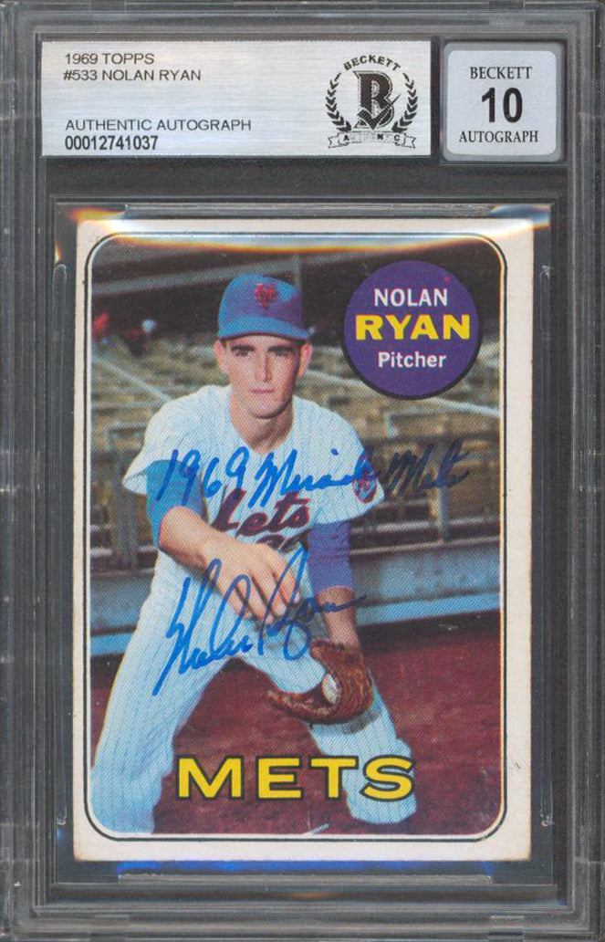Nolan Ryan "69 Miracle Mets" Signed 1969 Topps #533 Card Auto Grade 10 BAS Slab