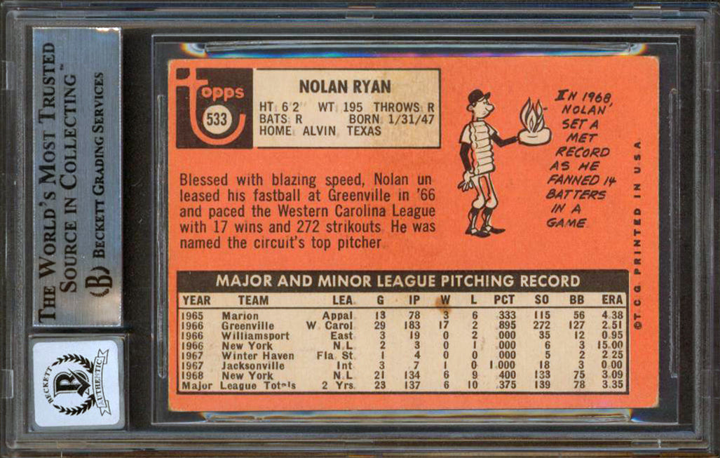 Nolan Ryan "69 Miracle Mets" Signed 1969 Topps #533 Card Auto Grade 10 BAS Slab