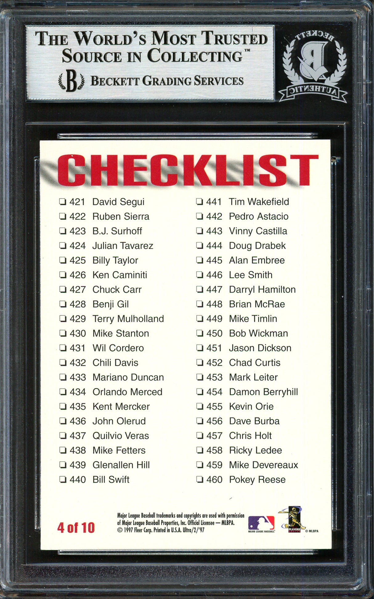 Alex Rodriguez Autographed 1997 Fleer Ultra Checklist Card #4 Seattle Mariners Beckett BAS #12410226
