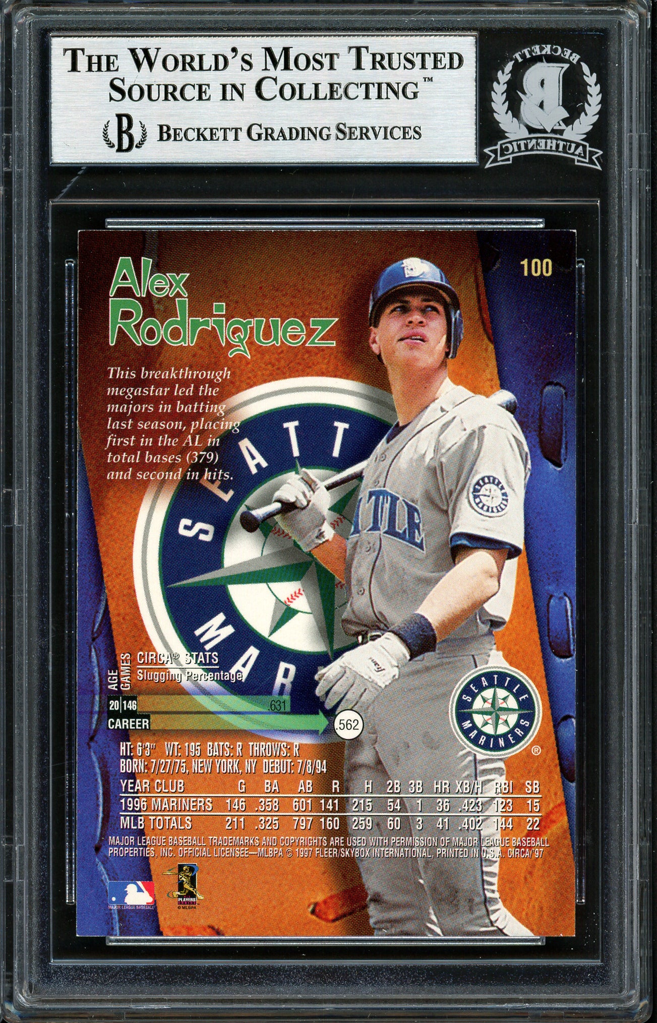 Alex Rodriguez Autographed 1997 Skybox Circa Card #100 Seattle Mariners Beckett BAS #12410257