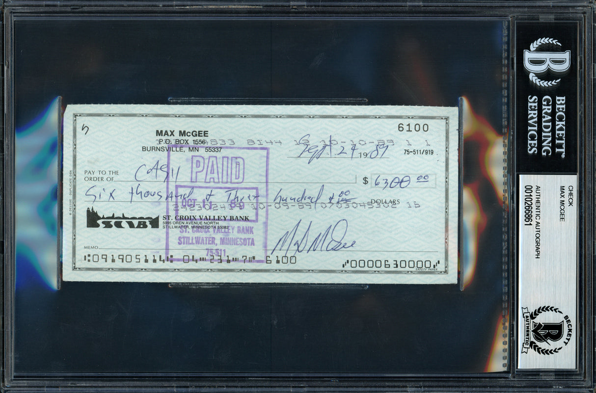 Max McGee Autographed 3x6 Check Green Bay Packers Beckett BAS Stock #128844