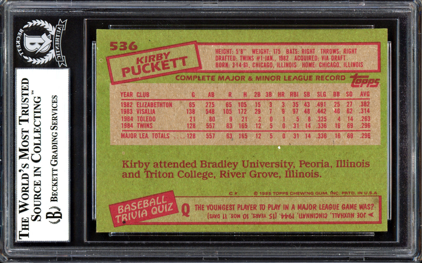 Kirby Puckett Autographed 1985 Topps Rookie Card #536 Minnesota Twins Beckett BAS #13446451