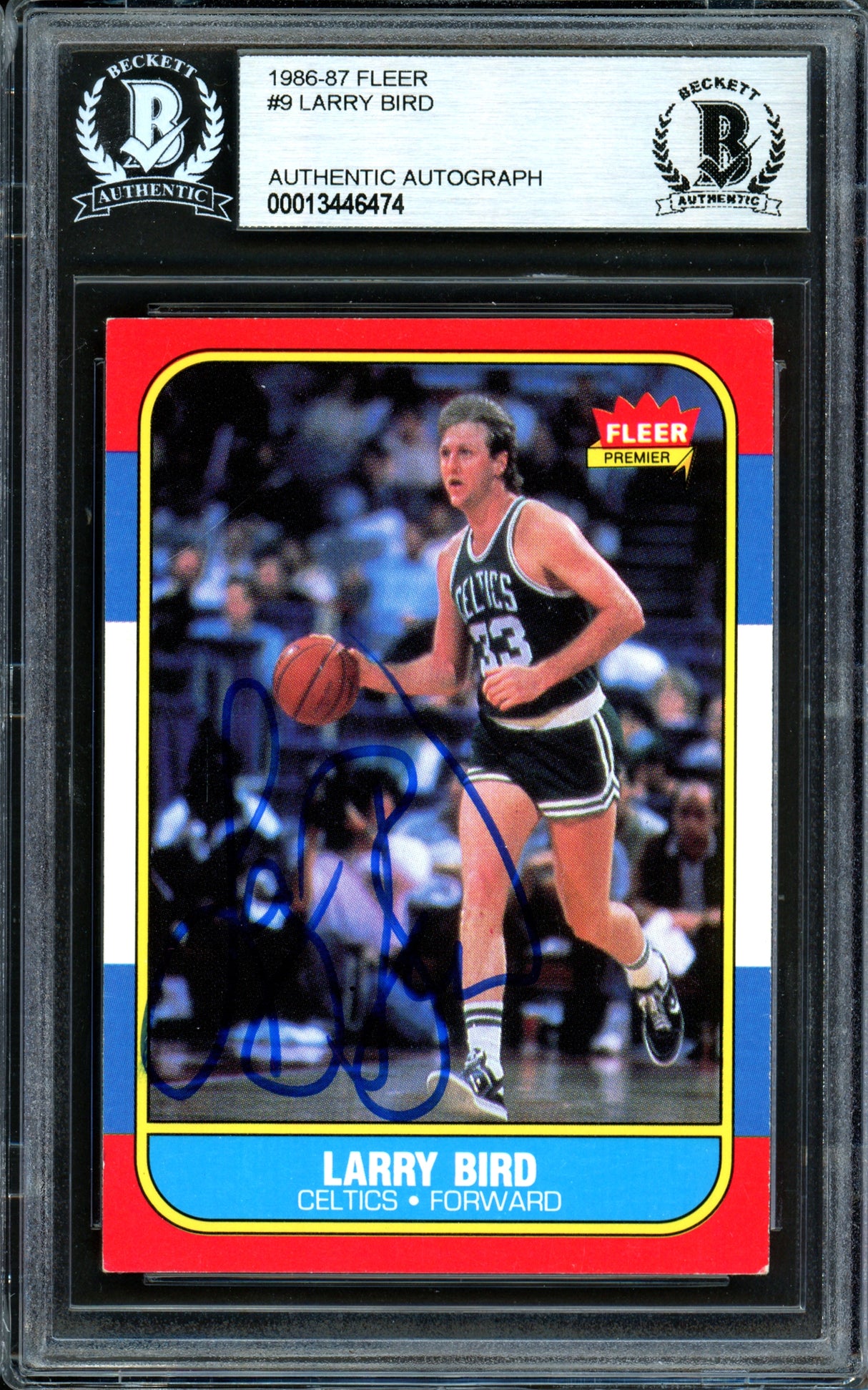 Larry Bird Autographed 1986-87 Fleer Card #9 Boston Celtics Beckett BAS #13446474