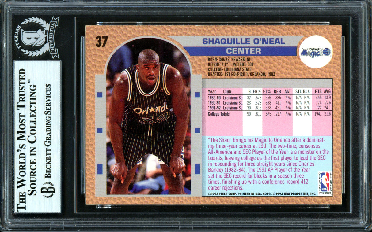 Shaquille Shaq O'Neal Autographed 1992-93 Fleer Drake's Rookie Card #37 Orlando Magic Beckett BAS #13446735