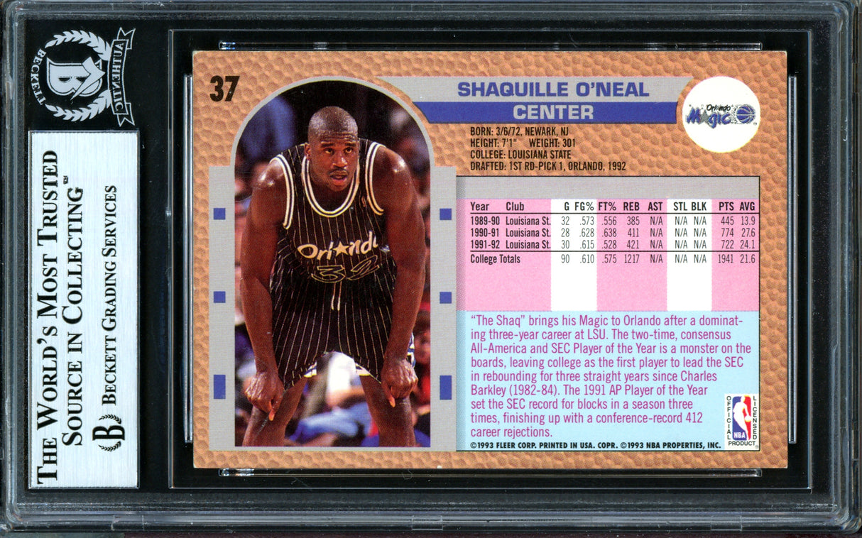 Shaquille Shaq O'Neal Autographed 1992-93 Fleer Drake's Rookie Card #37 Orlando Magic Beckett BAS #13446738