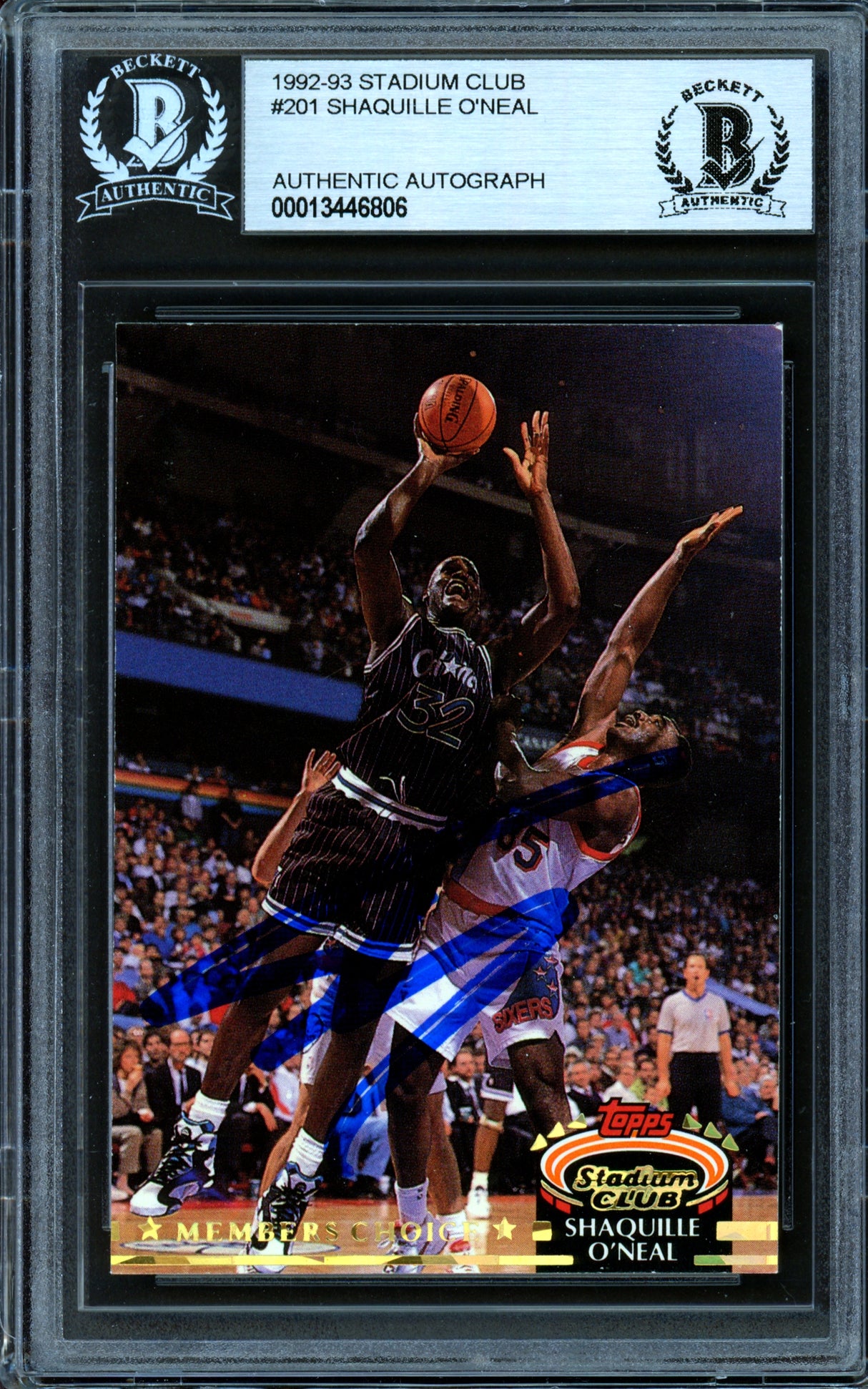 Shaquille Shaq O'Neal Autographed 1992-93 Stadium Club Members Choice Rookie Card #201 Orlando Magic Beckett BAS #13446806