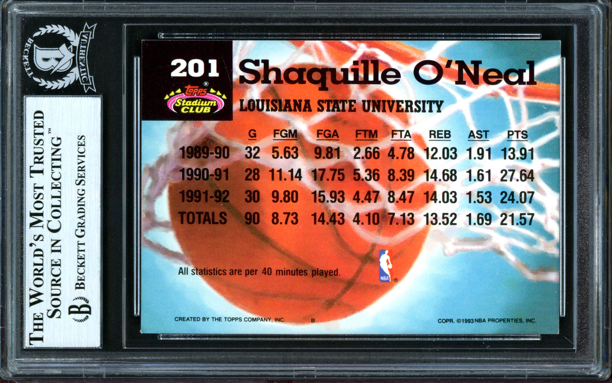 Shaquille Shaq O'Neal Autographed 1992-93 Stadium Club Members Choice Rookie Card #201 Orlando Magic Beckett BAS #13446806
