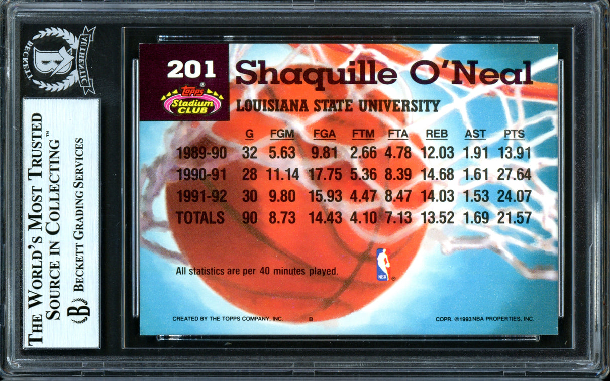 Shaquille Shaq O'Neal Autographed 1992-93 Stadium Club Members Choice Rookie Card #201 Orlando Magic Beckett BAS #13446805