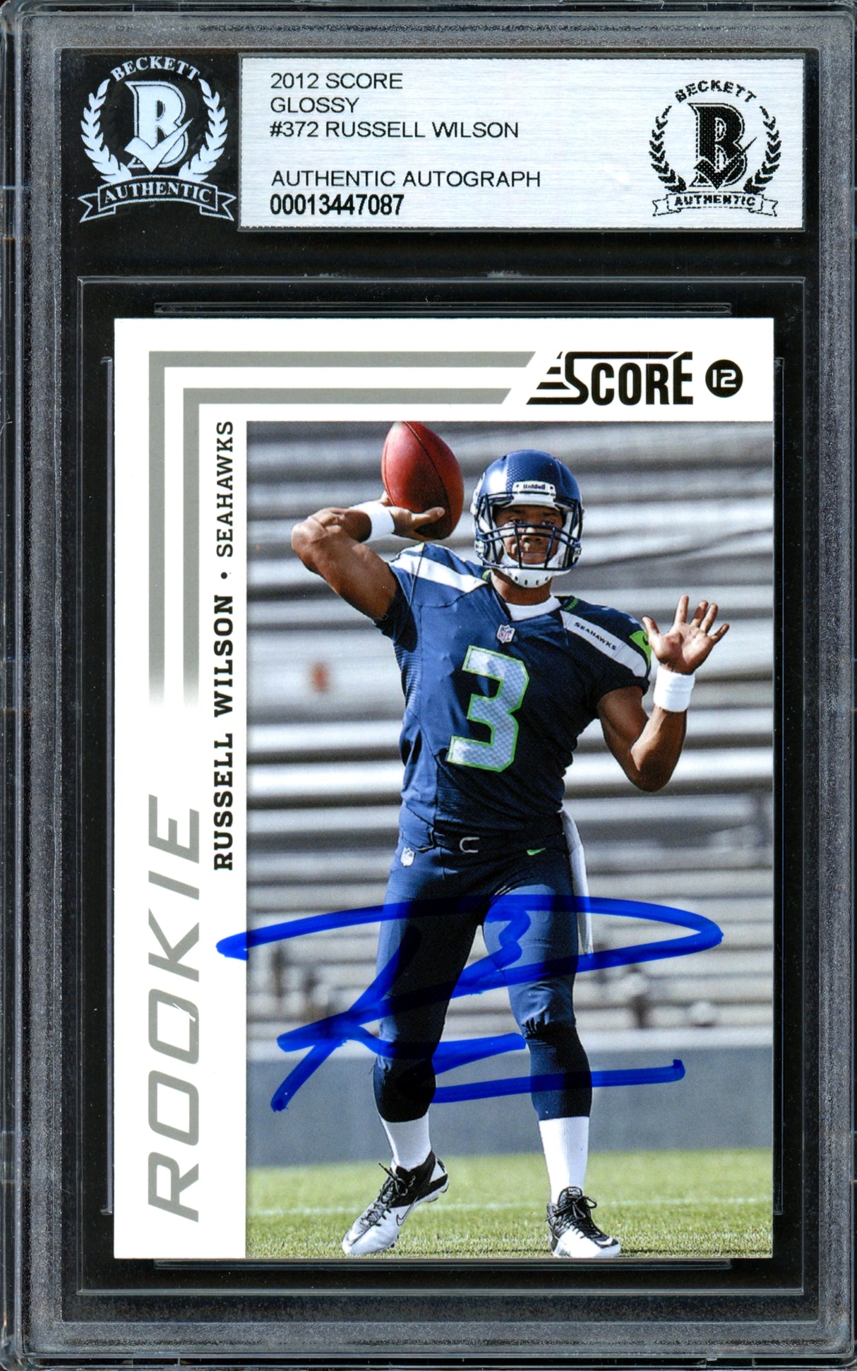 Russell Wilson Autographed 2012 Score Glossy Rookie Card #372 Seattle Seahawks Beckett BAS #13447087