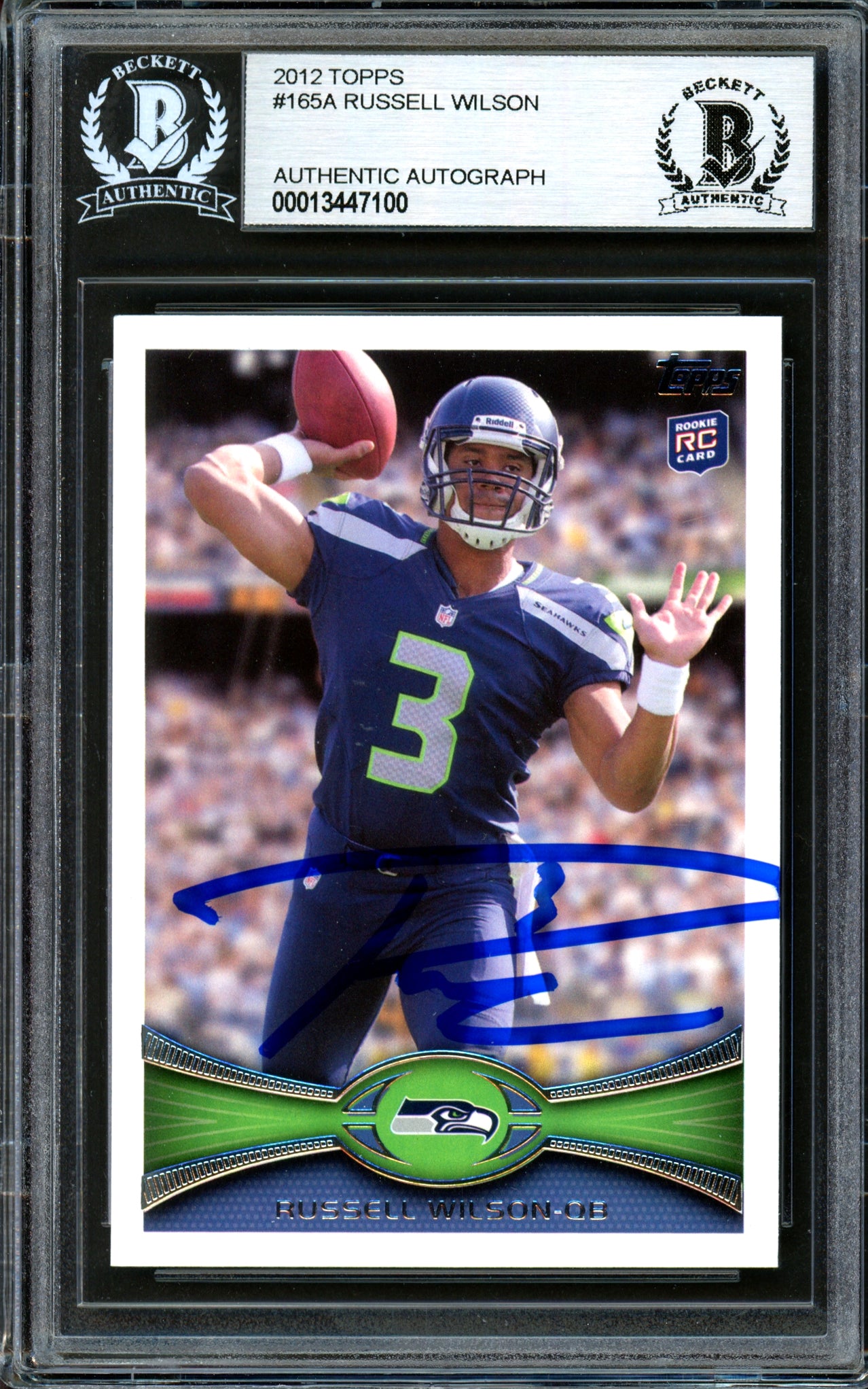 Russell Wilson Autographed 2012 Topps Rookie Card #165 Seattle Seahawks Beckett BAS #13447100