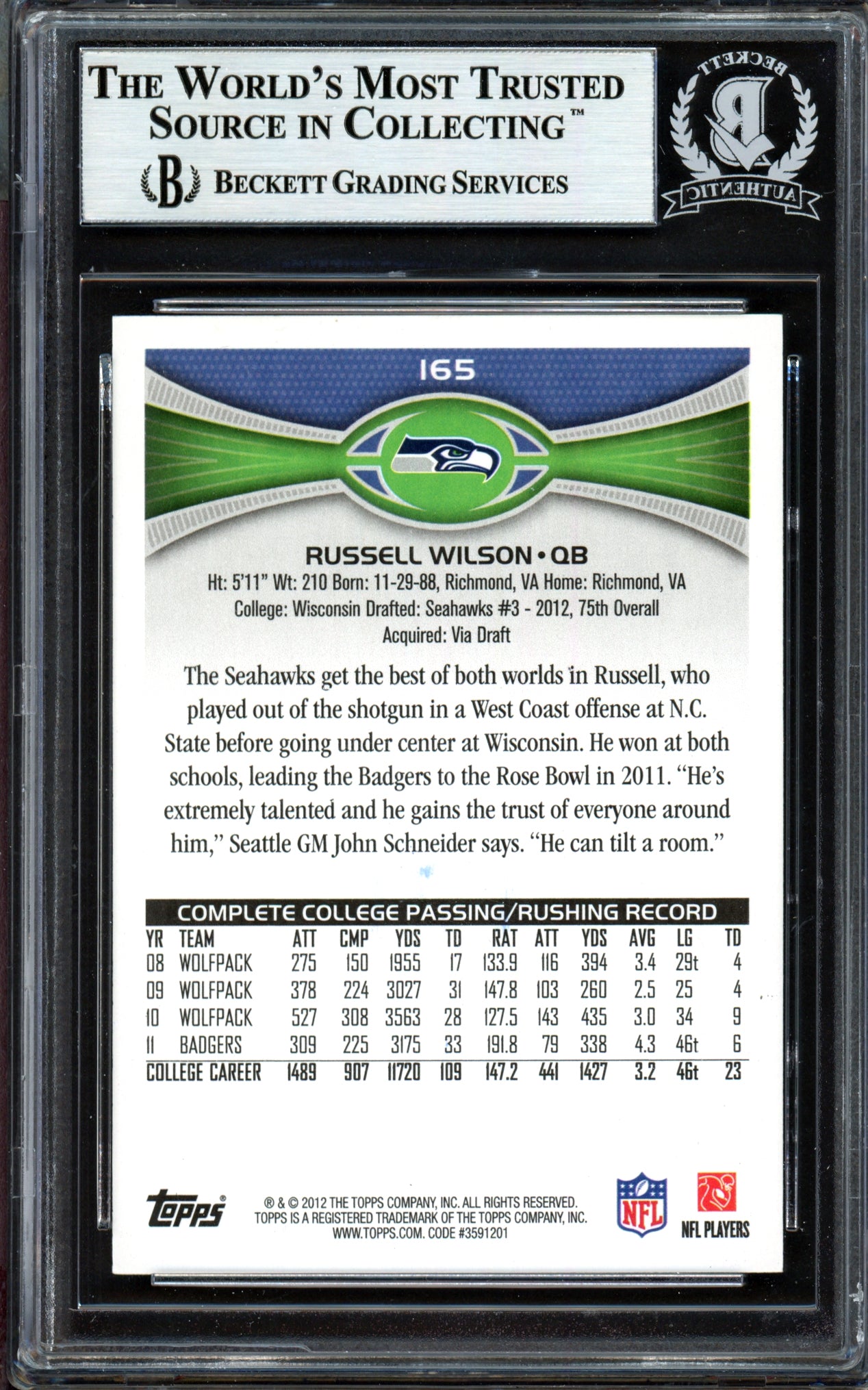 Russell Wilson Autographed 2012 Topps Rookie Card #165 Seattle Seahawks (Smudged) Beckett BAS #13447109