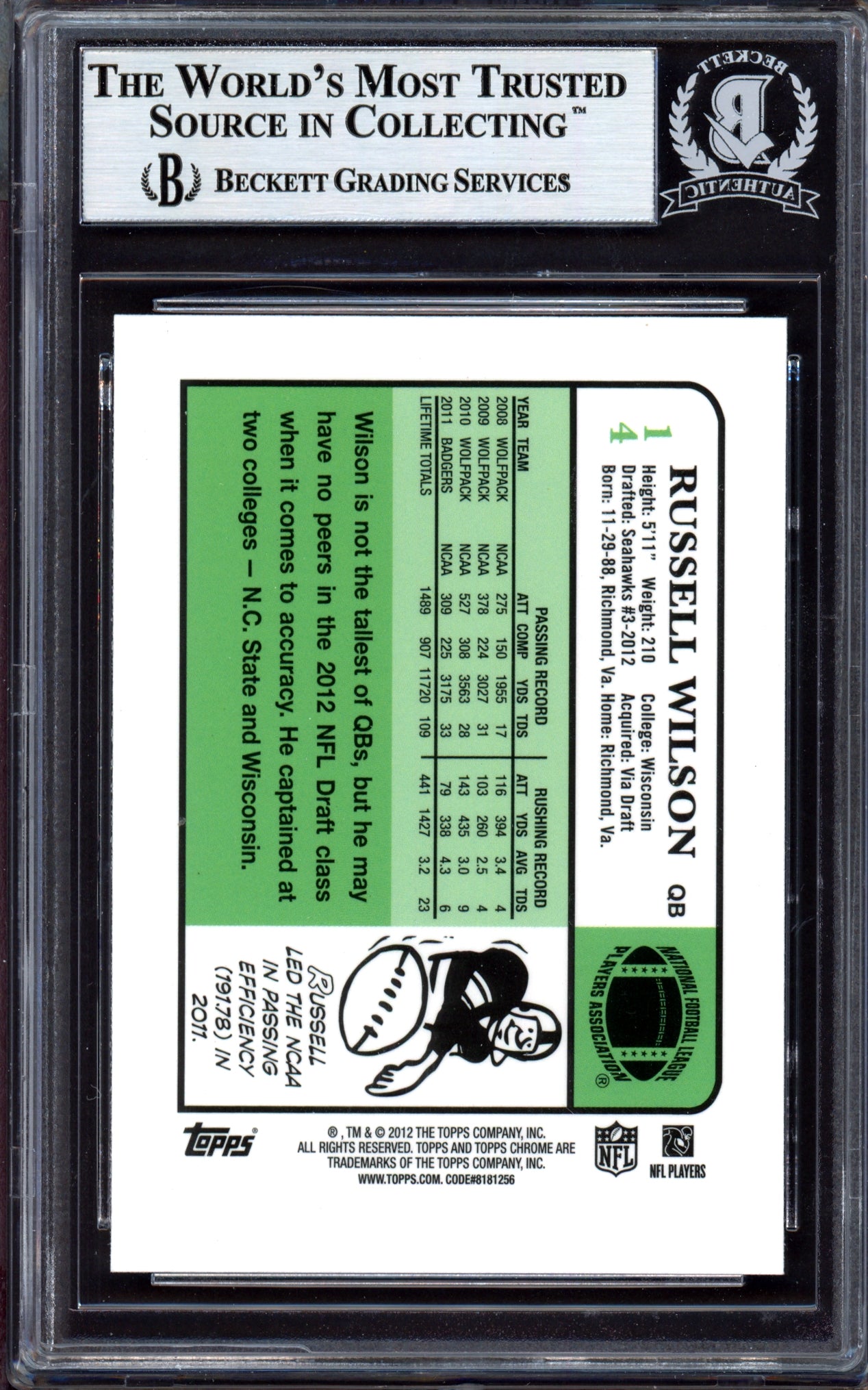 Russell Wilson Autographed 2012 Topps Chrome Rookie Card #14 Seattle Seahawks Beckett BAS #13447119