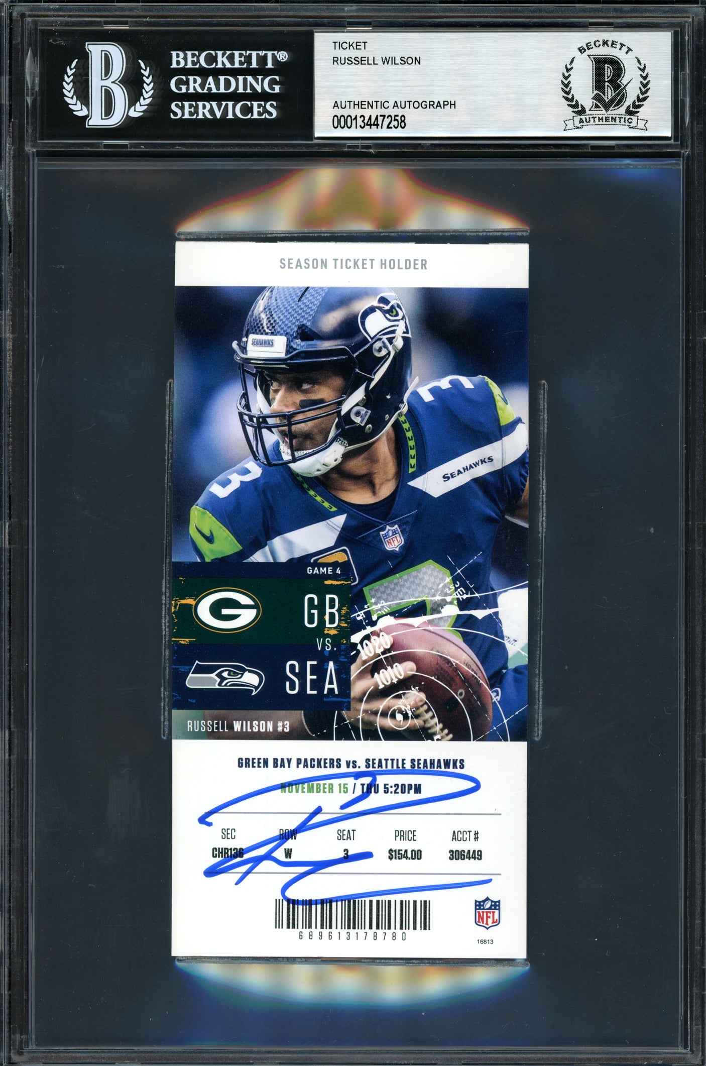Russell Wilson Autographed 2018 3x6 Ticket Seattle Seahawks Vs. Packers 11-15-18 Beckett BAS #13447258