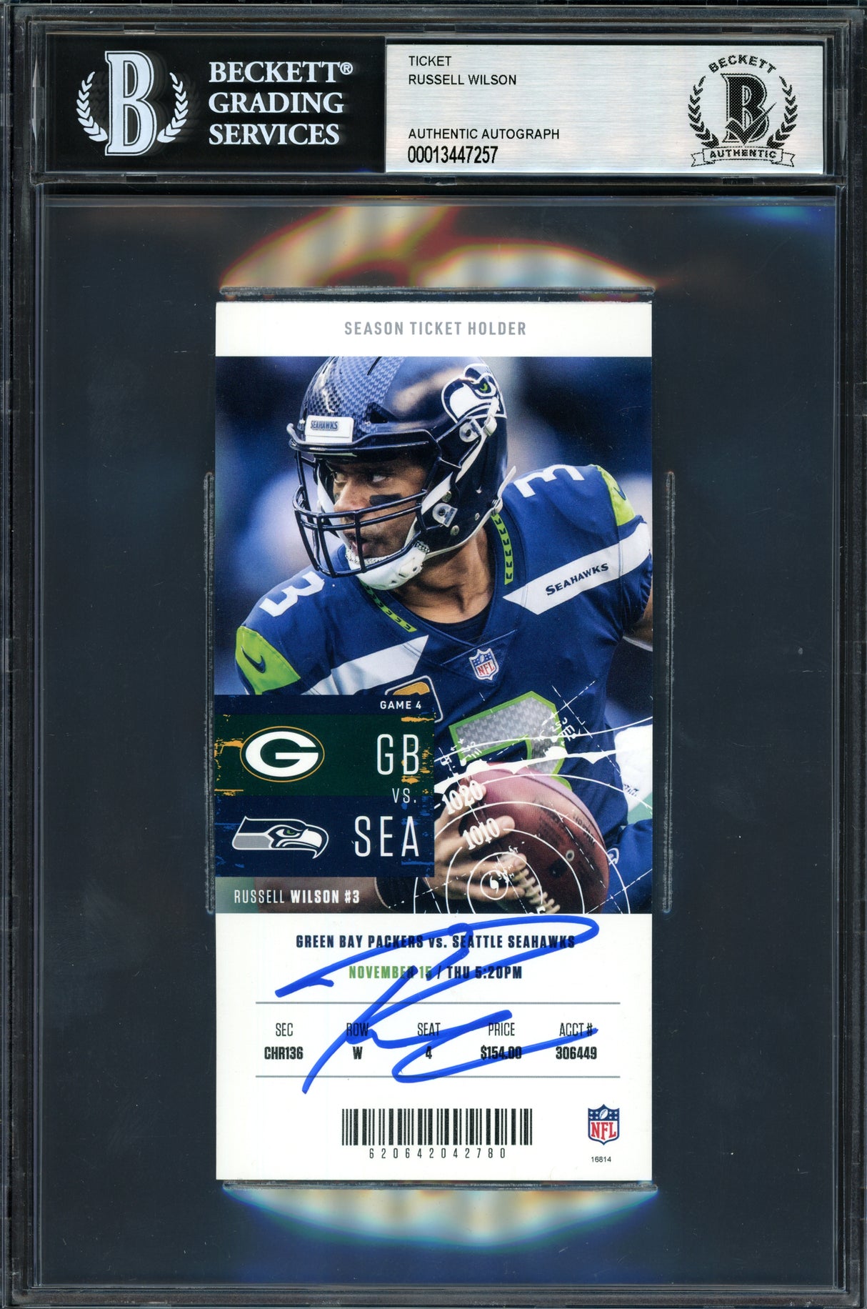 Russell Wilson Autographed 2018 3x6 Ticket Seattle Seahawks Vs. Packers 11-15-18 Beckett BAS #13447257