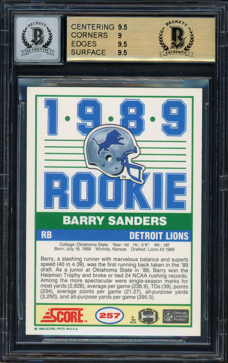 Barry Sanders Autographed 1989 Score Rookie Card #257 Detroit Lions BGS 9.5 Auto Grade Gem Mint 10 Beckett BAS #13330785