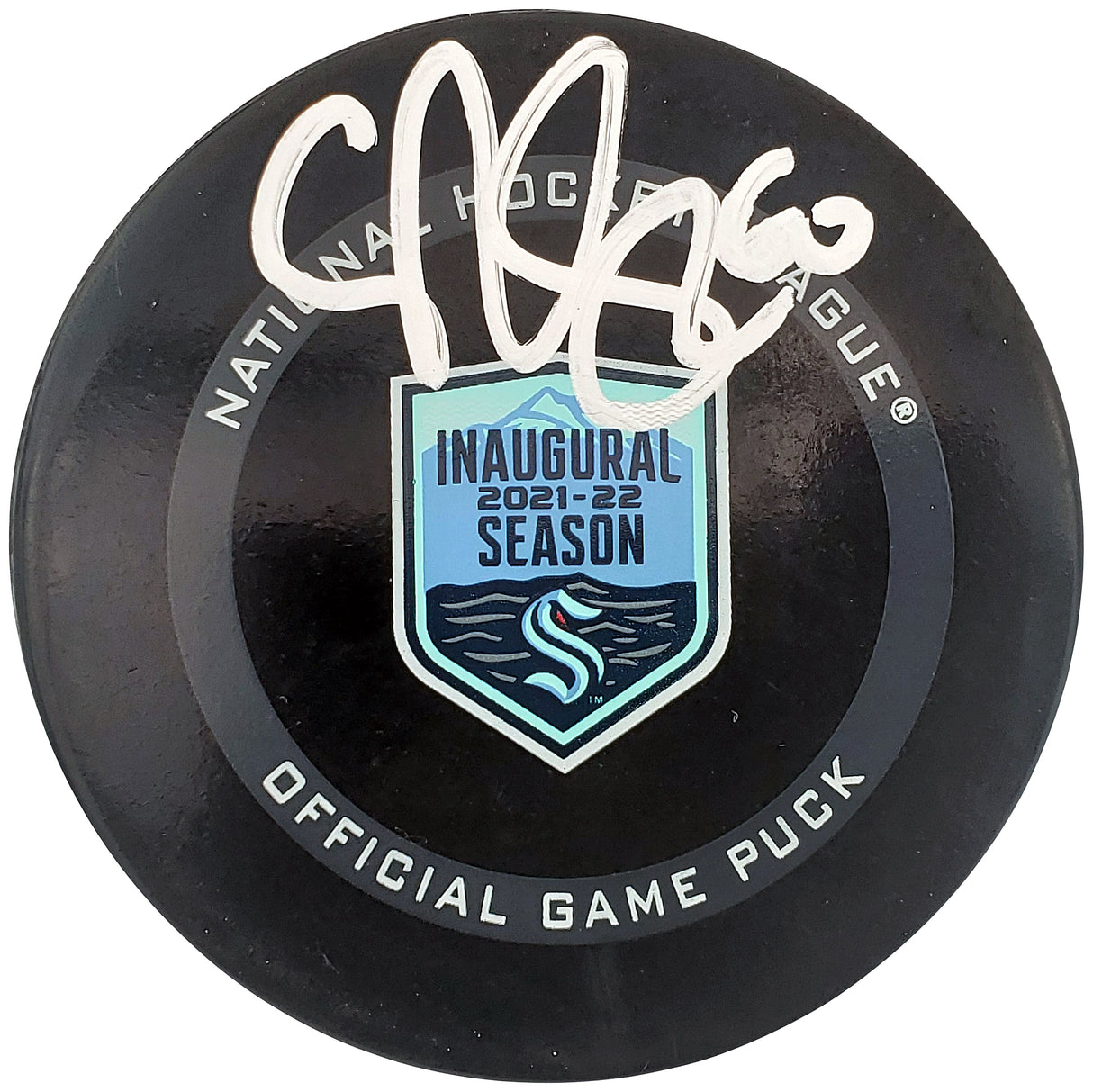 Chris Driedger Autographed Official Seattle Kraken Logo Hockey Puck Inaugural Season Logo Fanatics Holo Stock #200853