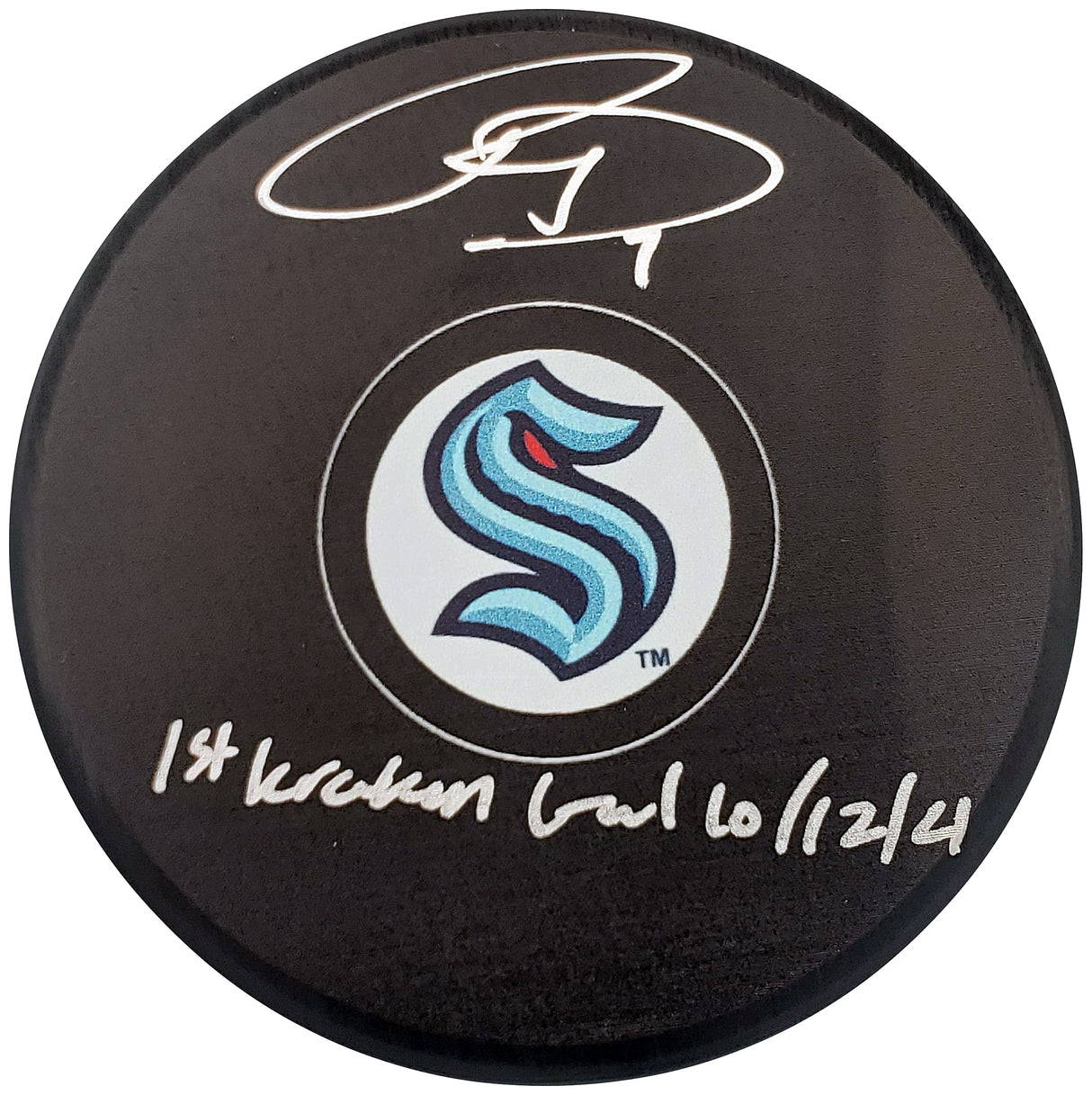 Ryan Donato Autographed Official Seattle Kraken Logo Hockey Puck "First Kraken Goal 10/12/21" Fanatics Holo Stock #200864