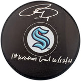 Ryan Donato Autographed Official Seattle Kraken Logo Hockey Puck "First Kraken Goal 10/12/21" Fanatics Holo Stock #200864