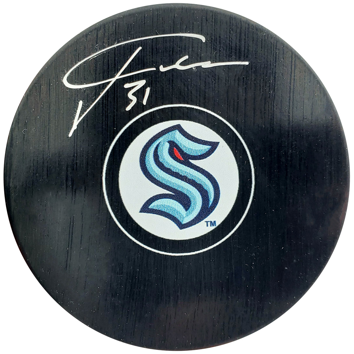 Philipp Grubauer Autographed Official Seattle Kraken Logo Hockey Puck Fanatics Holo Stock #200455