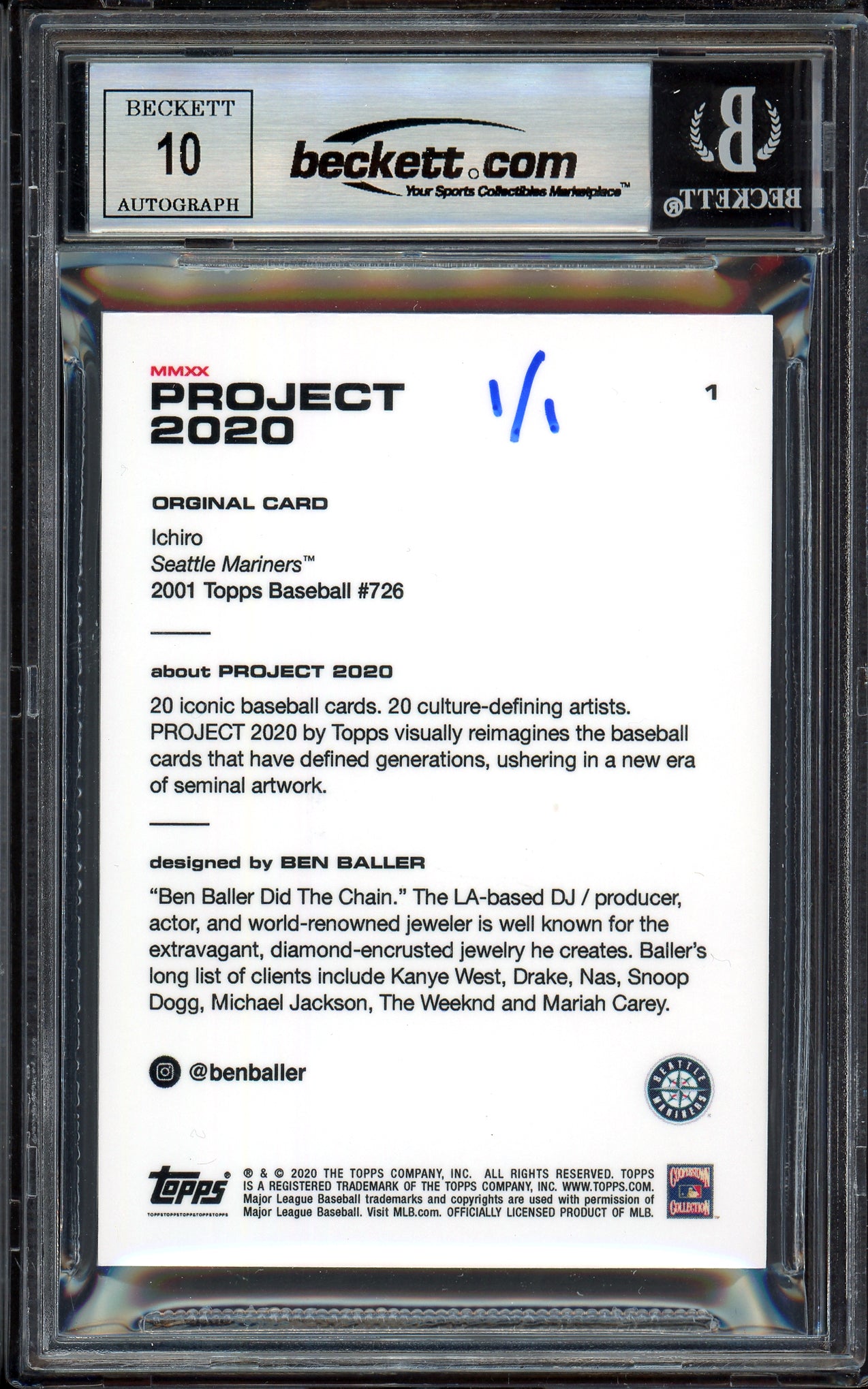 Ichiro Suzuki Autographed Topps Project 2020 Ben Baller Card #1 Seattle Mariners Auto Grade Gem Mint 10 "509 SB" Silver #1/1 Beckett BAS #13713423