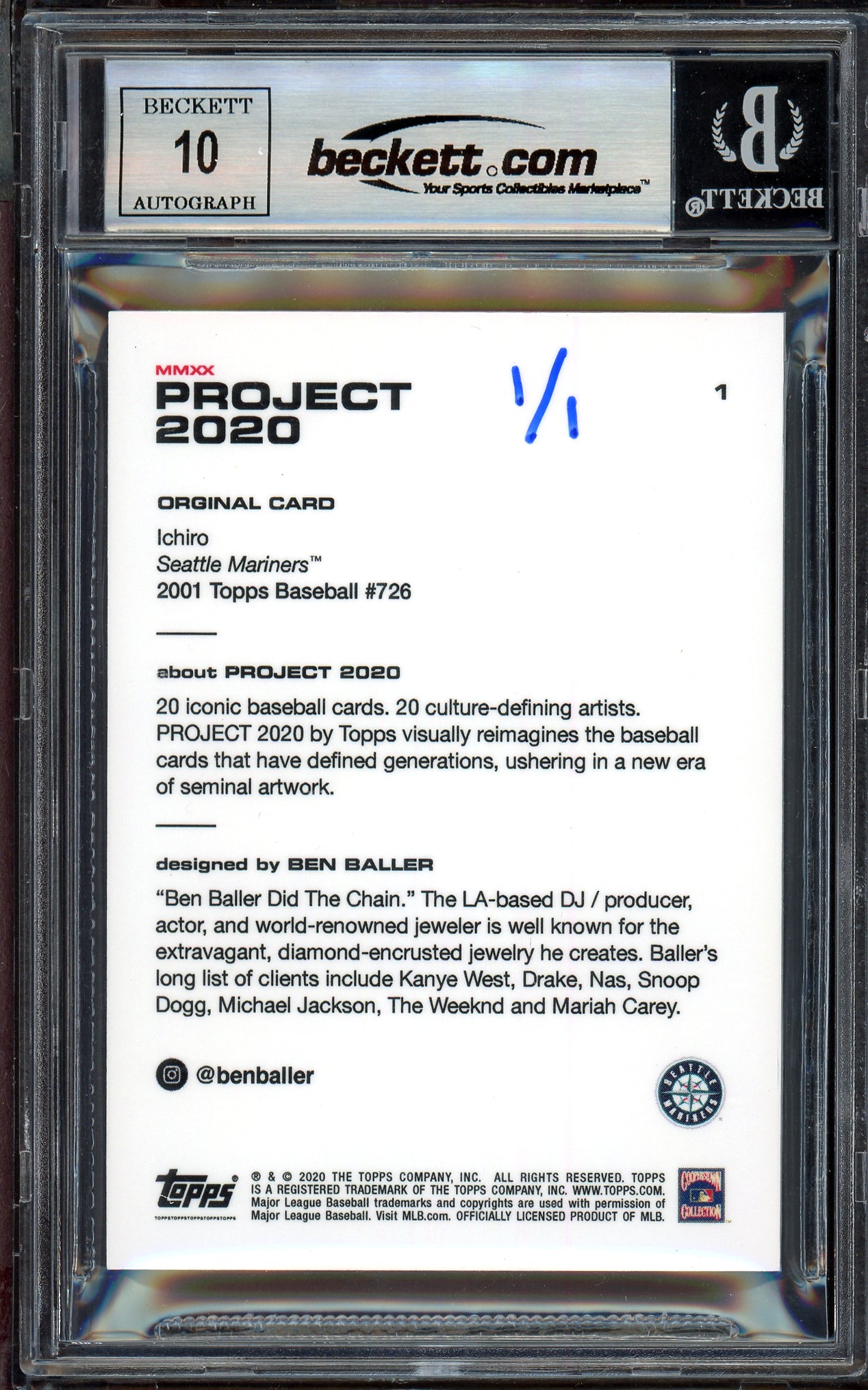 Ichiro Suzuki Autographed Topps Project 2020 Ben Baller Card #1 Seattle Mariners Auto Grade Gem Mint 10 "10X GG" Silver #1/1 Beckett BAS #13713425