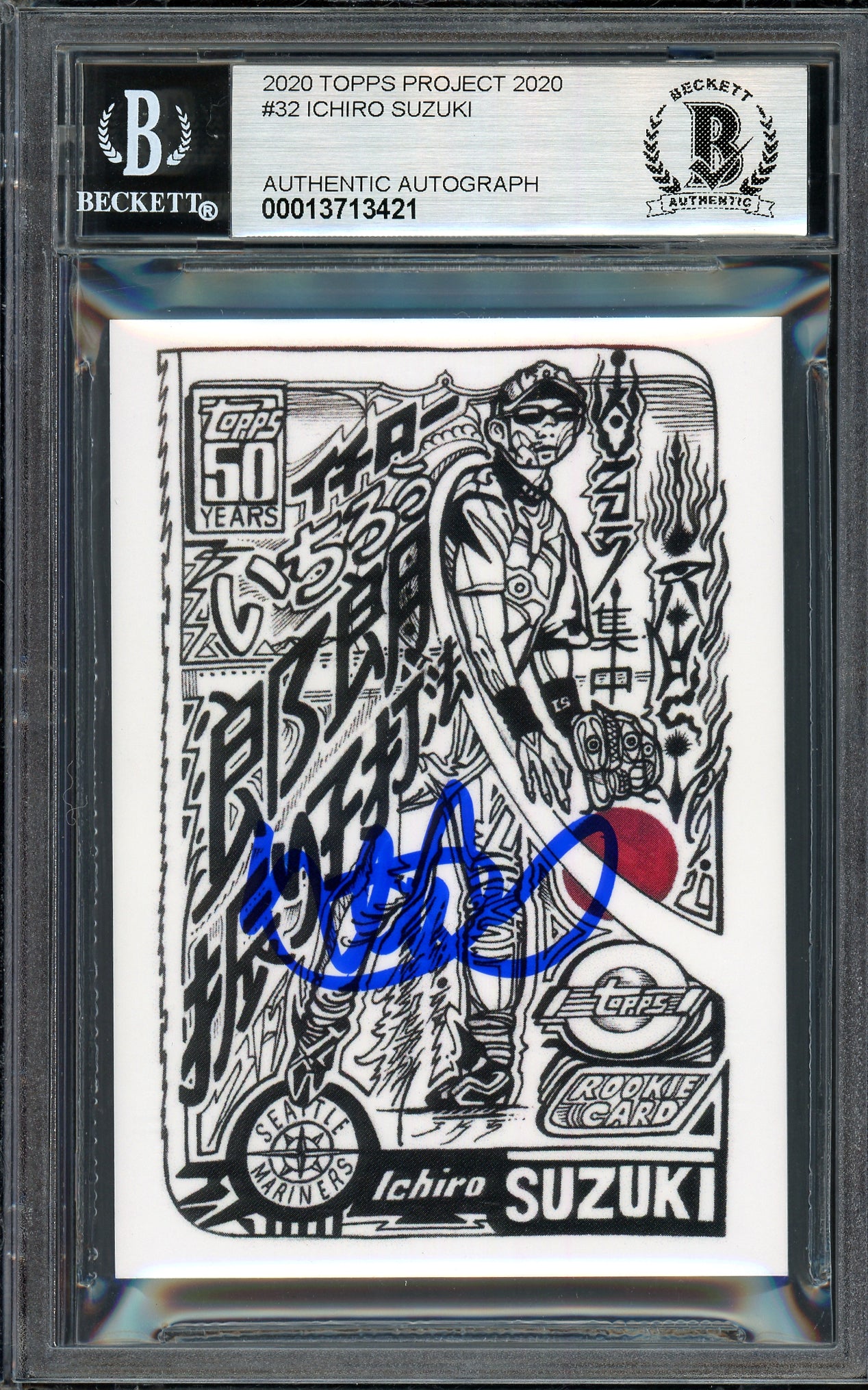Ichiro Suzuki Autographed Topps Project 2020 JK5 Card #32 Seattle Mariners Auto Grade Gem Mint 10 Blue #1/1 Beckett BAS #13713421