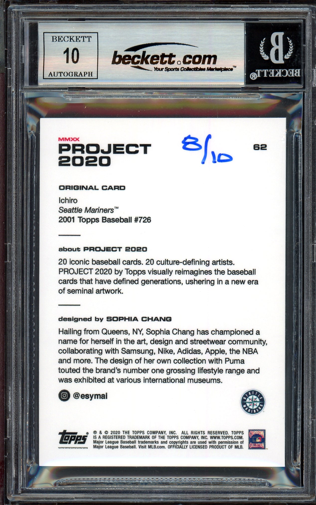 Ichiro Suzuki Autographed Topps Project 2020 Sophia Chang Card #62 Seattle Mariners Auto Grade Gem Mint 10 Teal #/10 Beckett BAS Stock #200957