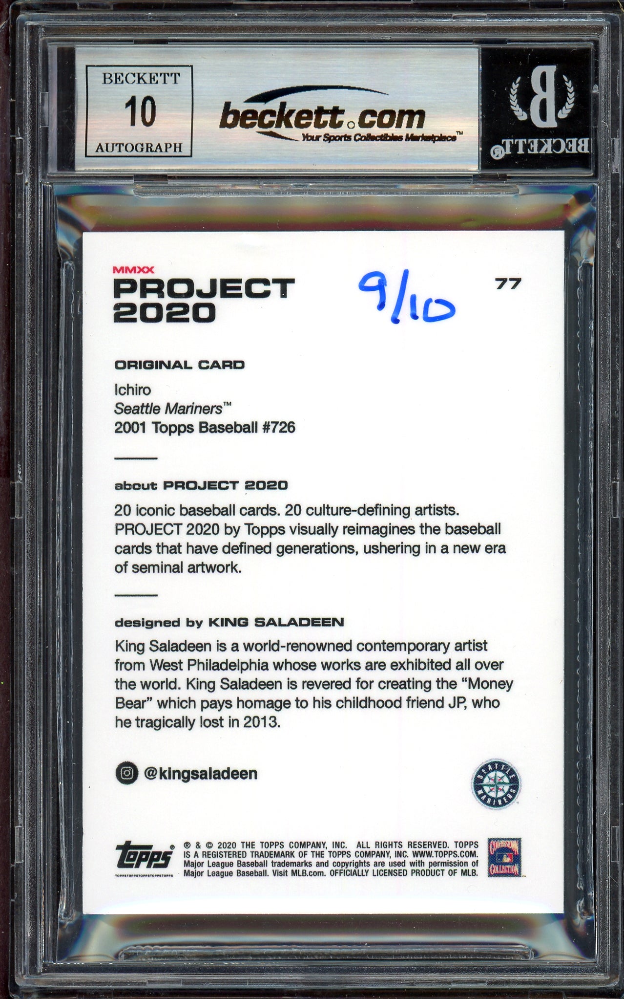 Ichiro Suzuki Autographed Topps Project 2020 King Saladeen Card #77 Seattle Mariners Auto Grade Gem Mint 10 Blue #/10 Beckett BAS Stock #200959