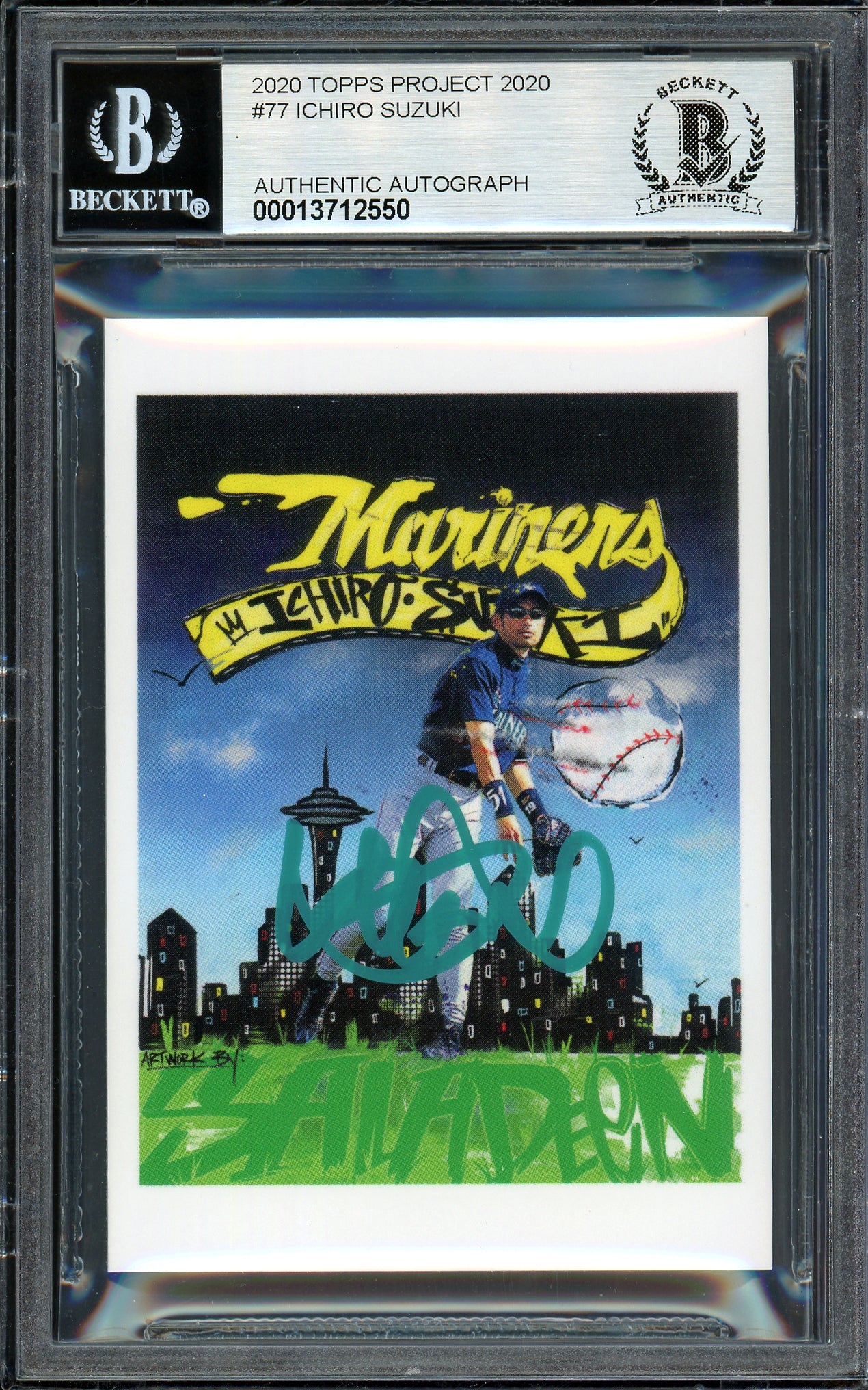 Ichiro Suzuki Autographed Topps Project 2020 King Saladeen Card #77 Seattle Mariners Auto Grade Gem Mint 10 Teal #/10 Beckett BAS Stock #200962
