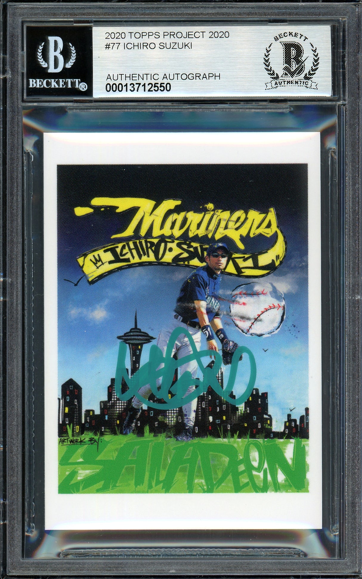 Ichiro Suzuki Autographed Topps Project 2020 King Saladeen Card #77 Seattle Mariners Auto Grade Gem Mint 10 Teal #/10 Beckett BAS Stock #200962