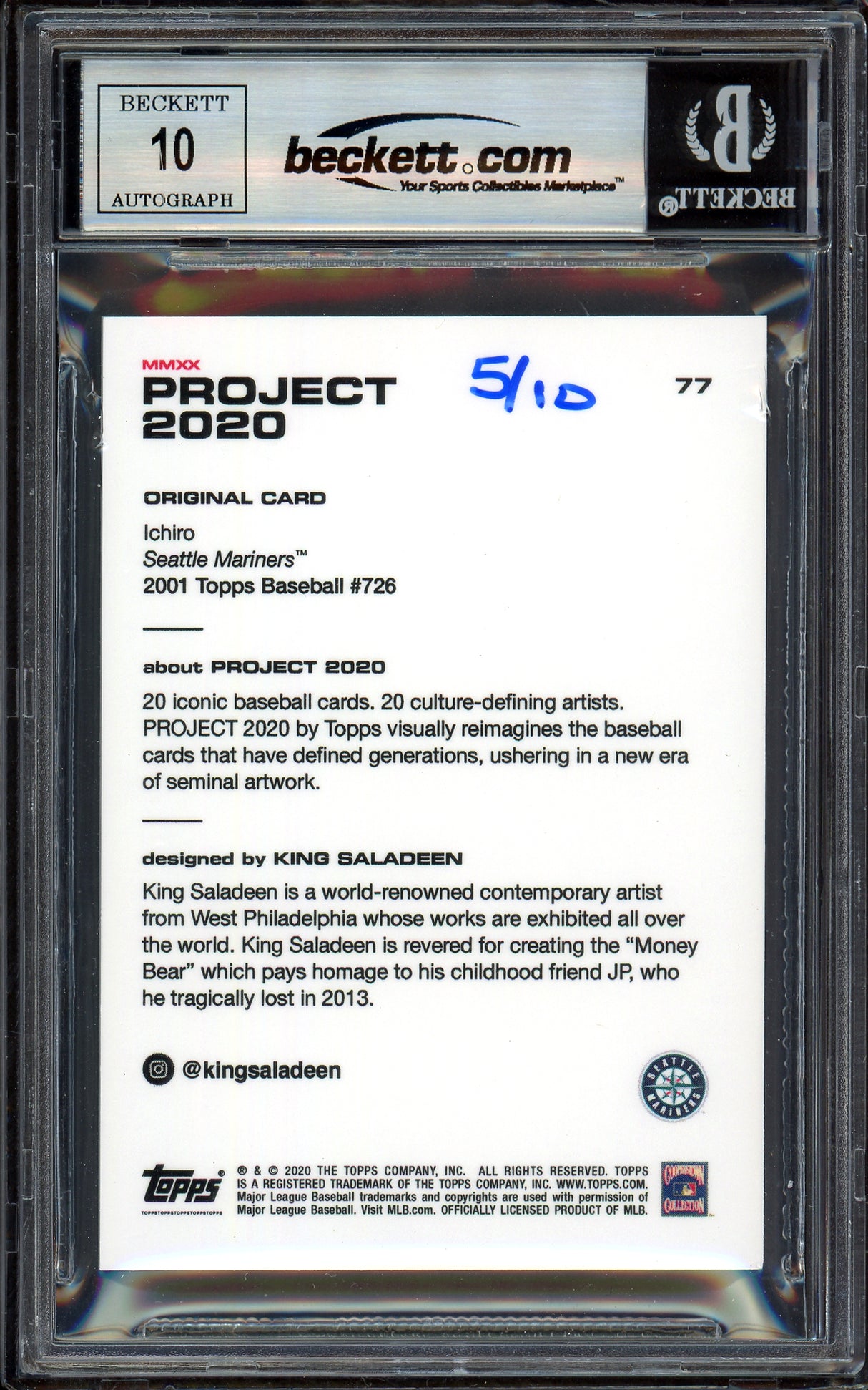 Ichiro Suzuki Autographed Topps Project 2020 King Saladeen Card #77 Seattle Mariners Auto Grade Gem Mint 10 Teal #/10 Beckett BAS Stock #200962