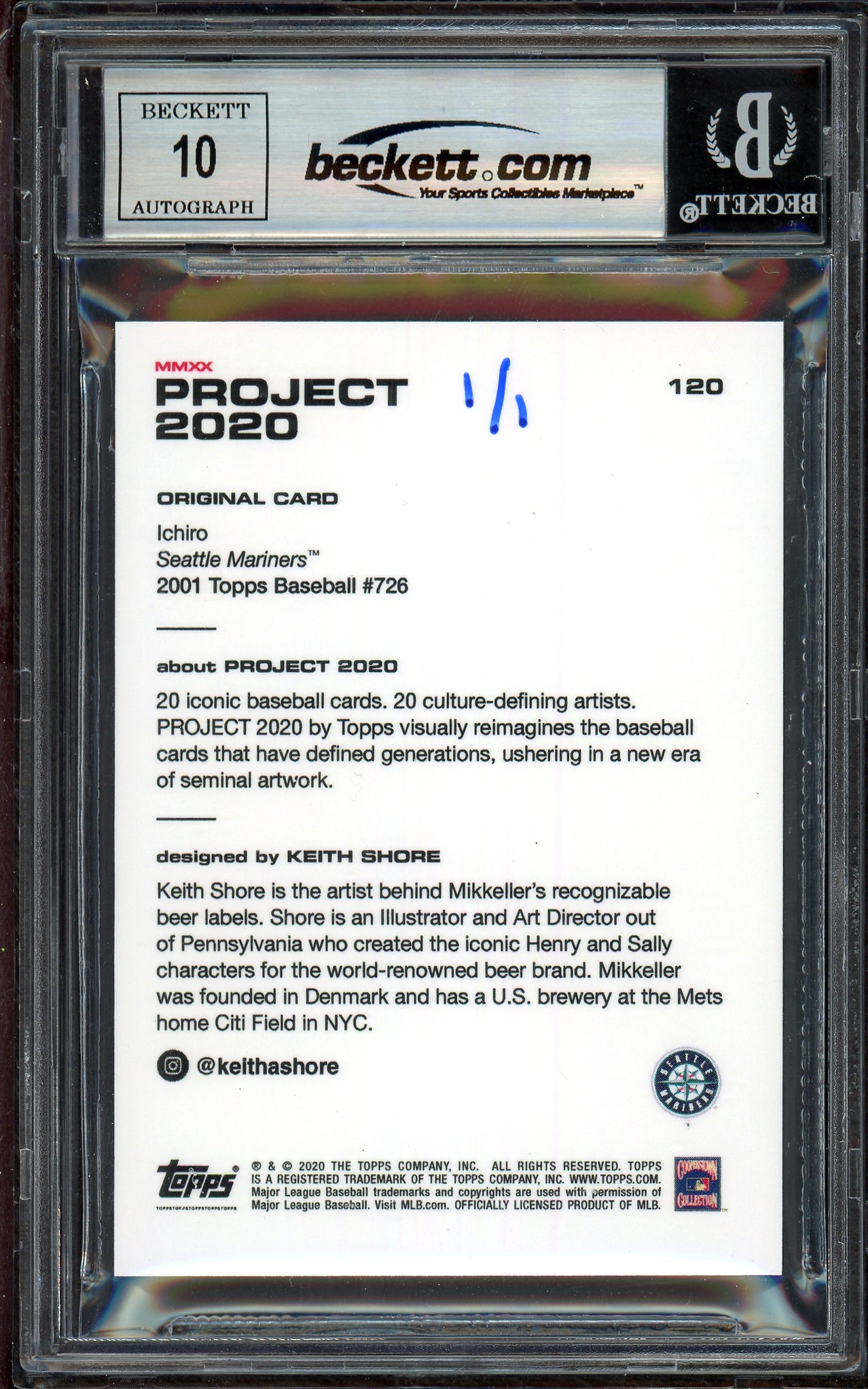 Ichiro Suzuki Autographed Topps Project 2020 Keith Shore Card #120 Seattle Mariners Auto Grade Gem Mint 10 "01 ROY/MVP" Blue #1/1 Beckett BAS #13712602